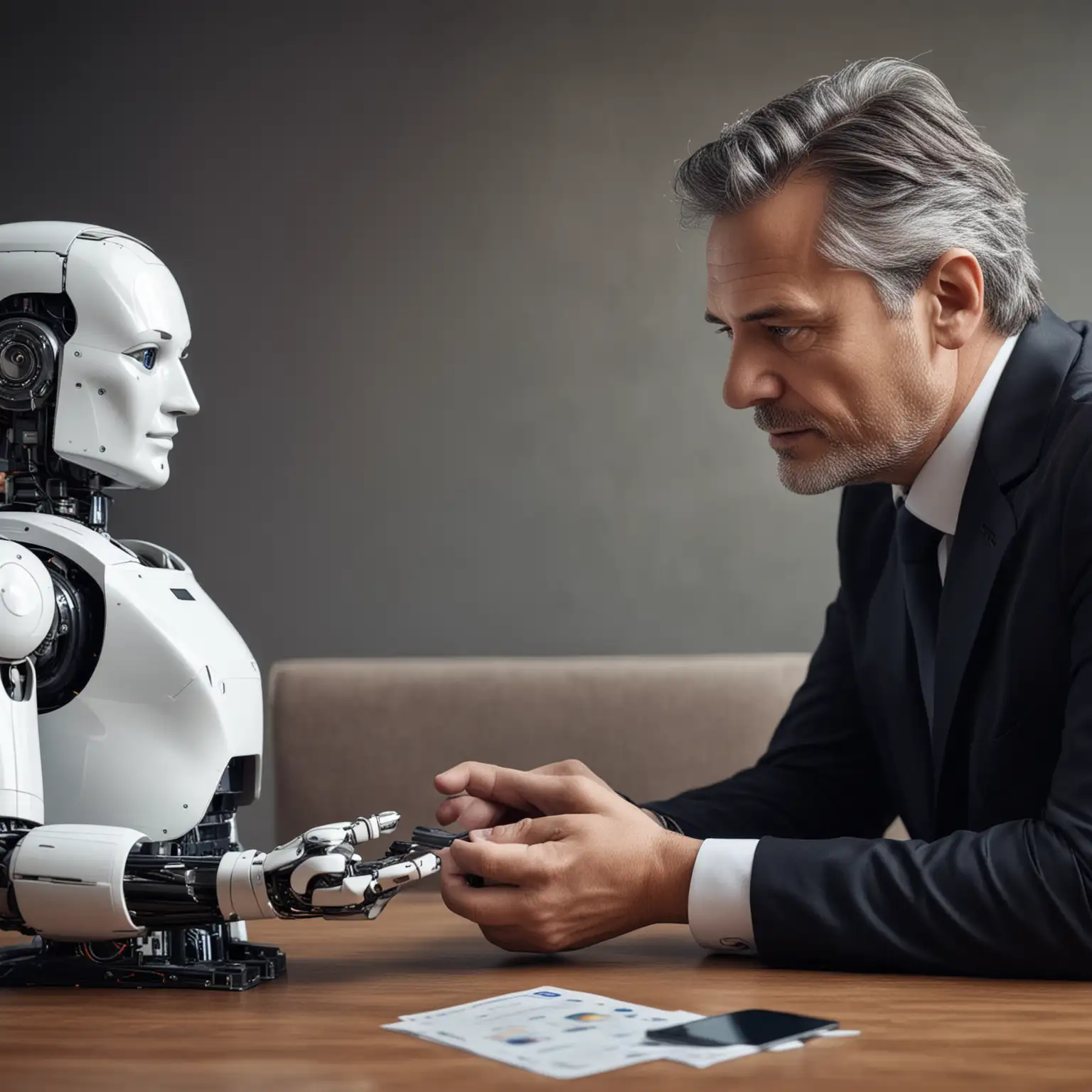 Mature Businessman Engaging with Innovative AI Banking Account Assistant