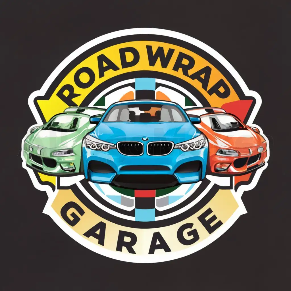 a logo design,with the text "roadwrap garage", main symbol:The logo has to have a BMW car in the center and has to be eye-catching for the users. The logo has to have stickers symbolizing that the company is dedicated to that.,Moderate,be used in Automotive industry,clear background