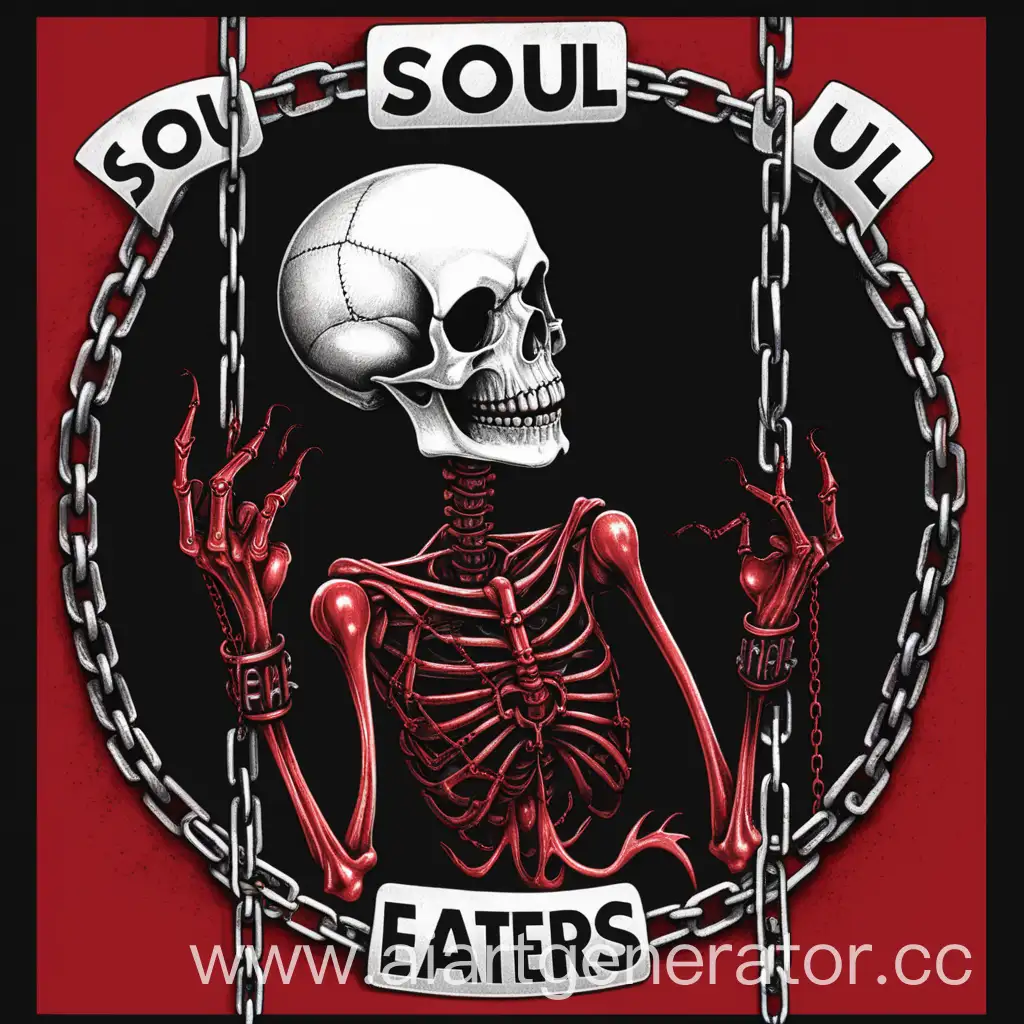 Нарисуй картинку, где смерть высасывает душу на чёрно красном фоне с цепями, а по середине текст "SOUL EATERS"