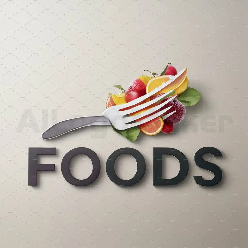 a logo design,with the text "Foods", main symbol:Fork, fruits,Moderate,clear background