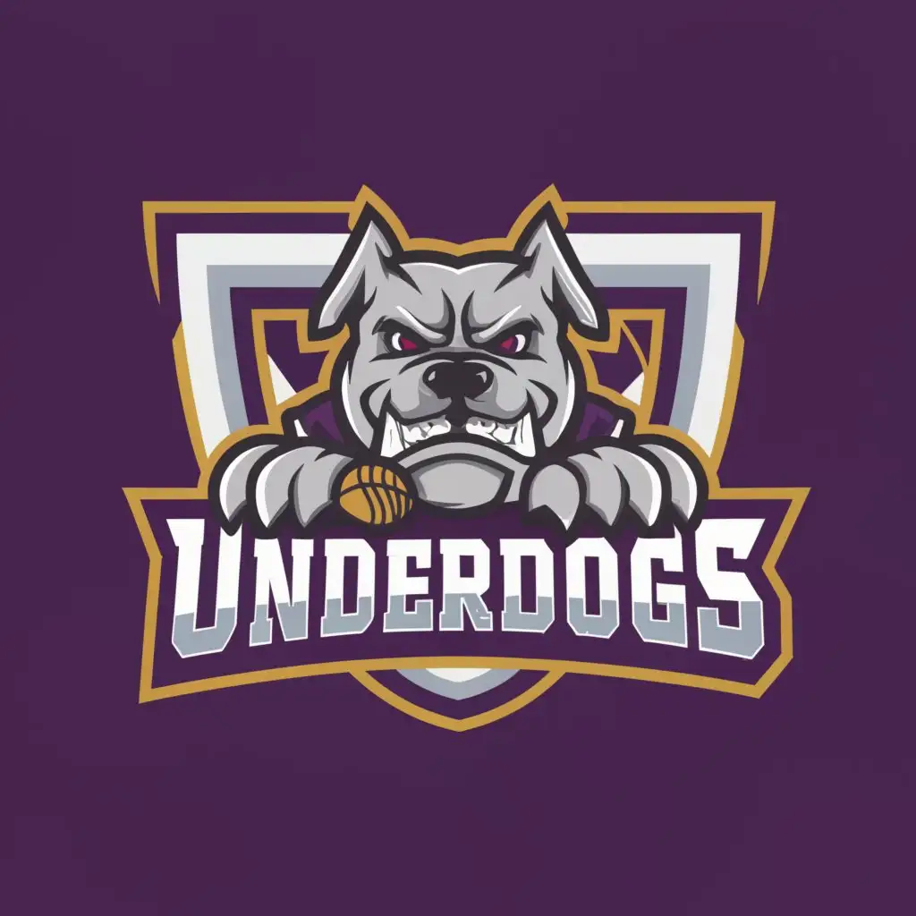 a logo design,with the text "underdogs", main symbol:bulldog, needs to be a good fit for a purple jersey,Moderate,be used in Sports Fitness industry,clear background
