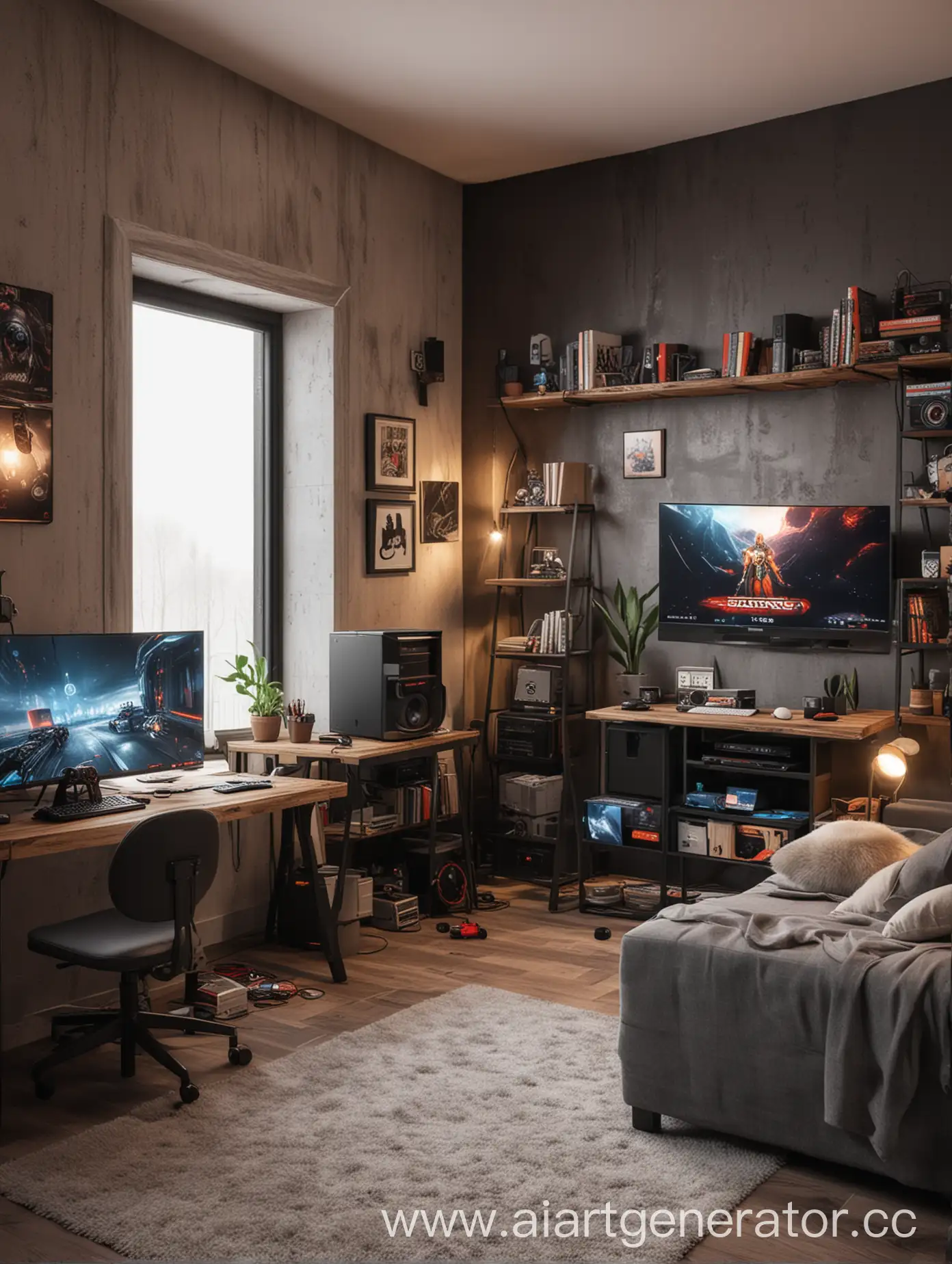 комната с игровым компьютером и красивым интерьером 
