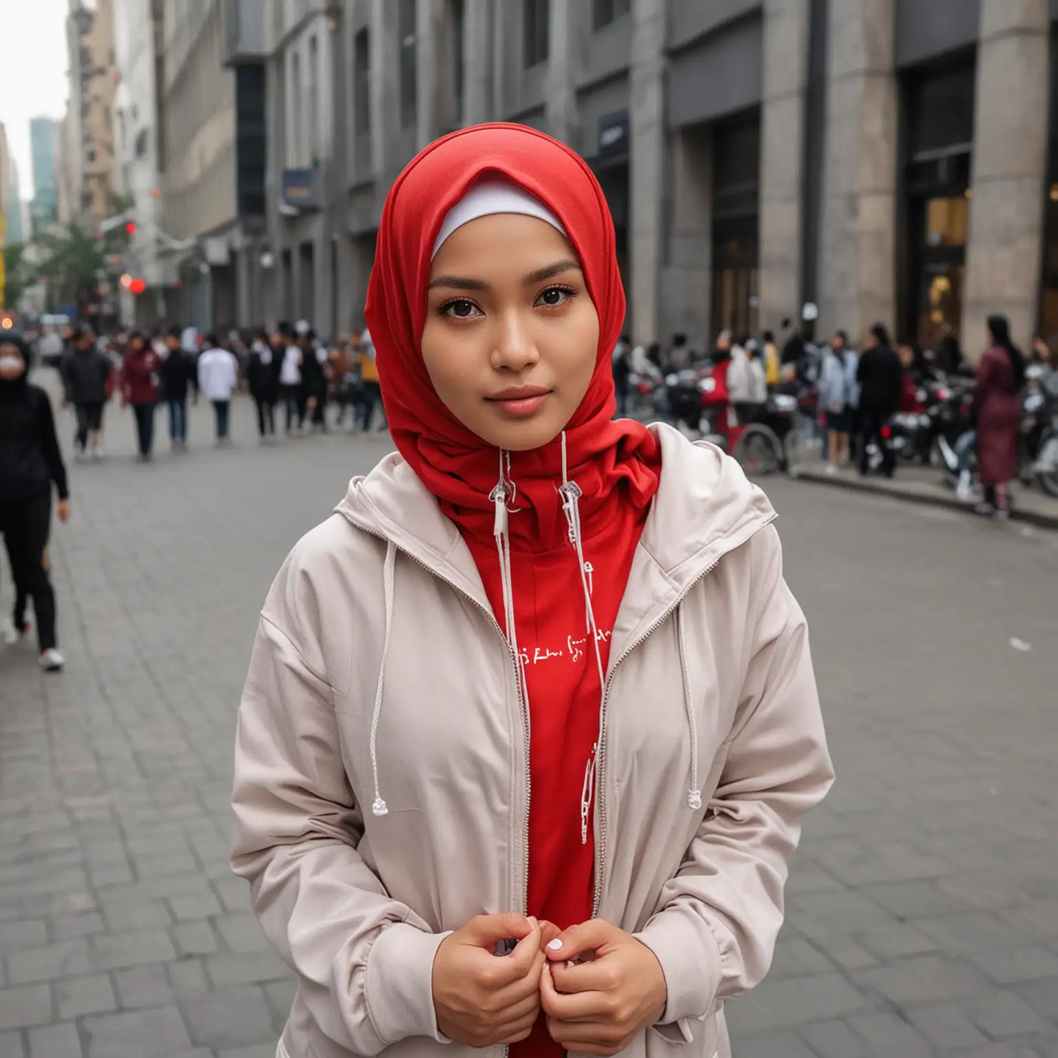Indonesian Woman in Hijab with Red Hoodie Jacket and White Shoes at Fashion Week