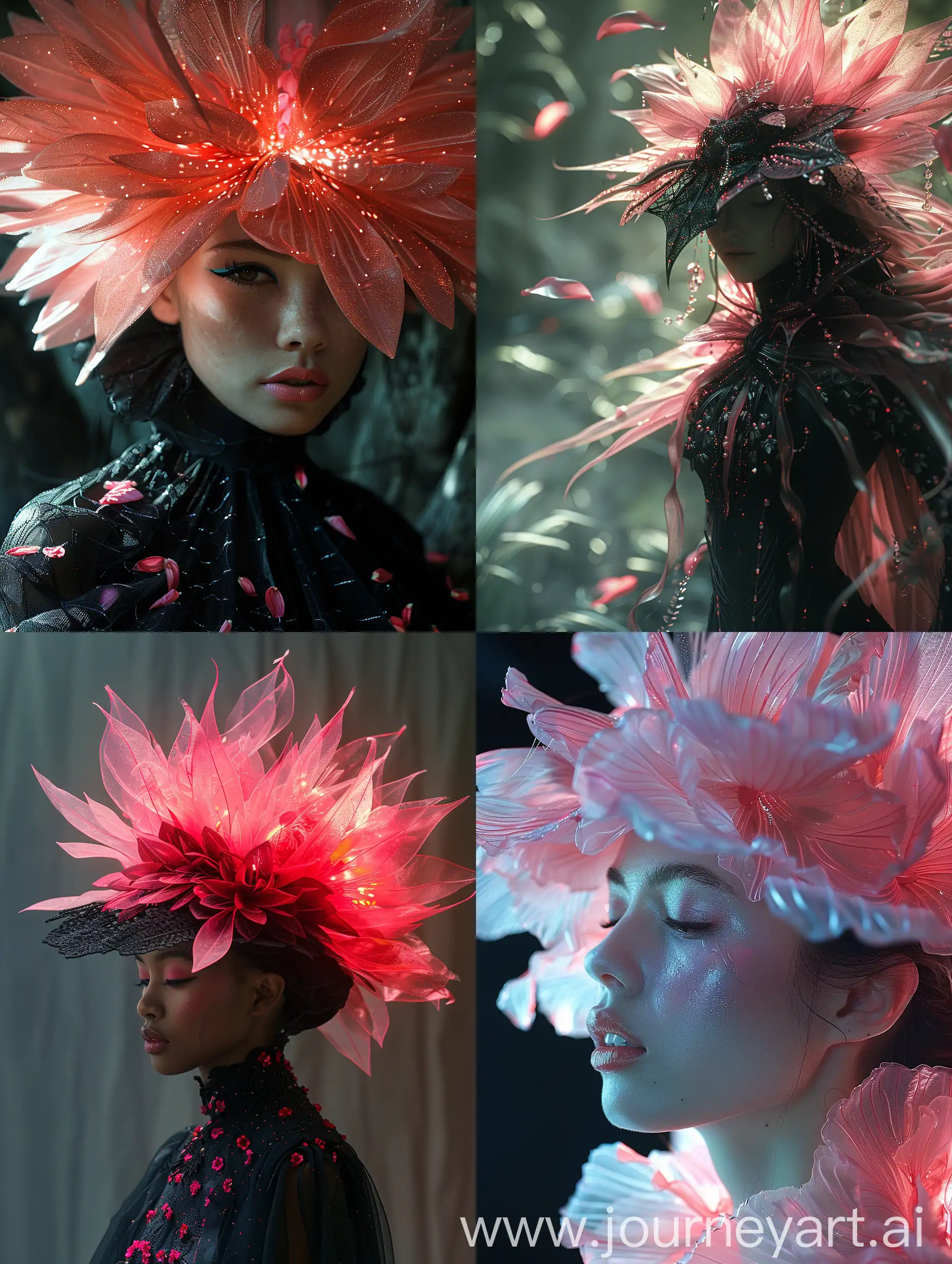 female creature dressed with translucent pink petals dramatic glow, fantastical otherworldly vision, asymmetrical, vntblk, exotic, captivating lighting --ar 3:4 --stylize 750 --v 6