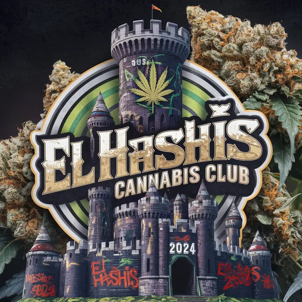 a giant detailed castle tower logo design with cannabis buds and leafs,with the text 'el Hashís Cannabis Club', in graffiti main symbol old school graffiti style: on the castle are Tags with el Hashís and 2024 no background