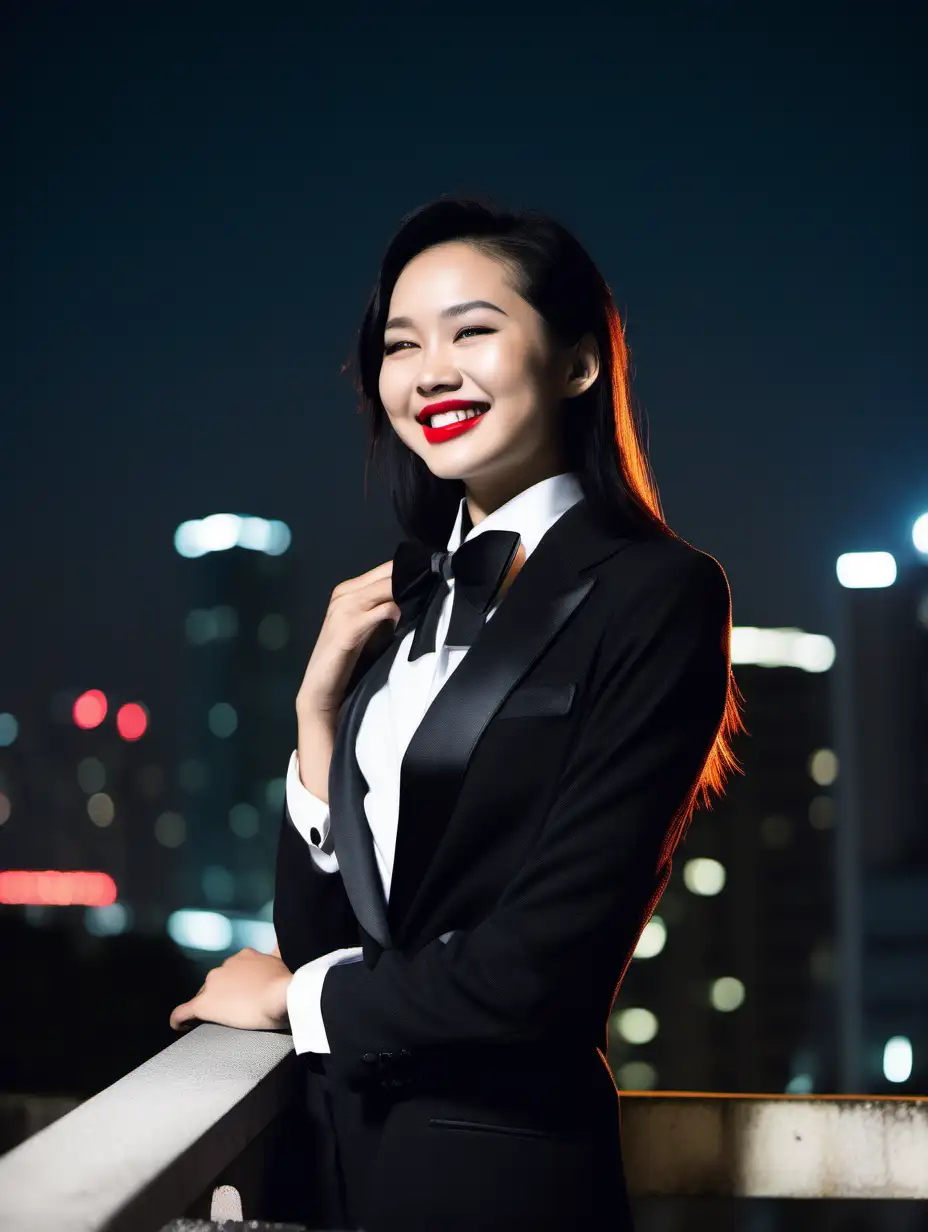 A pretty 25 year old Vietnamese woman with black shoulder length hair and red lipstick is standing on top of a building at night.  She is holding a small feather.  She is smiling and laughing.  She is wearing a tuxedo.  Her jacket is open.  Her shirt is white with a black bow tie.  Her cufflinks are large and black.