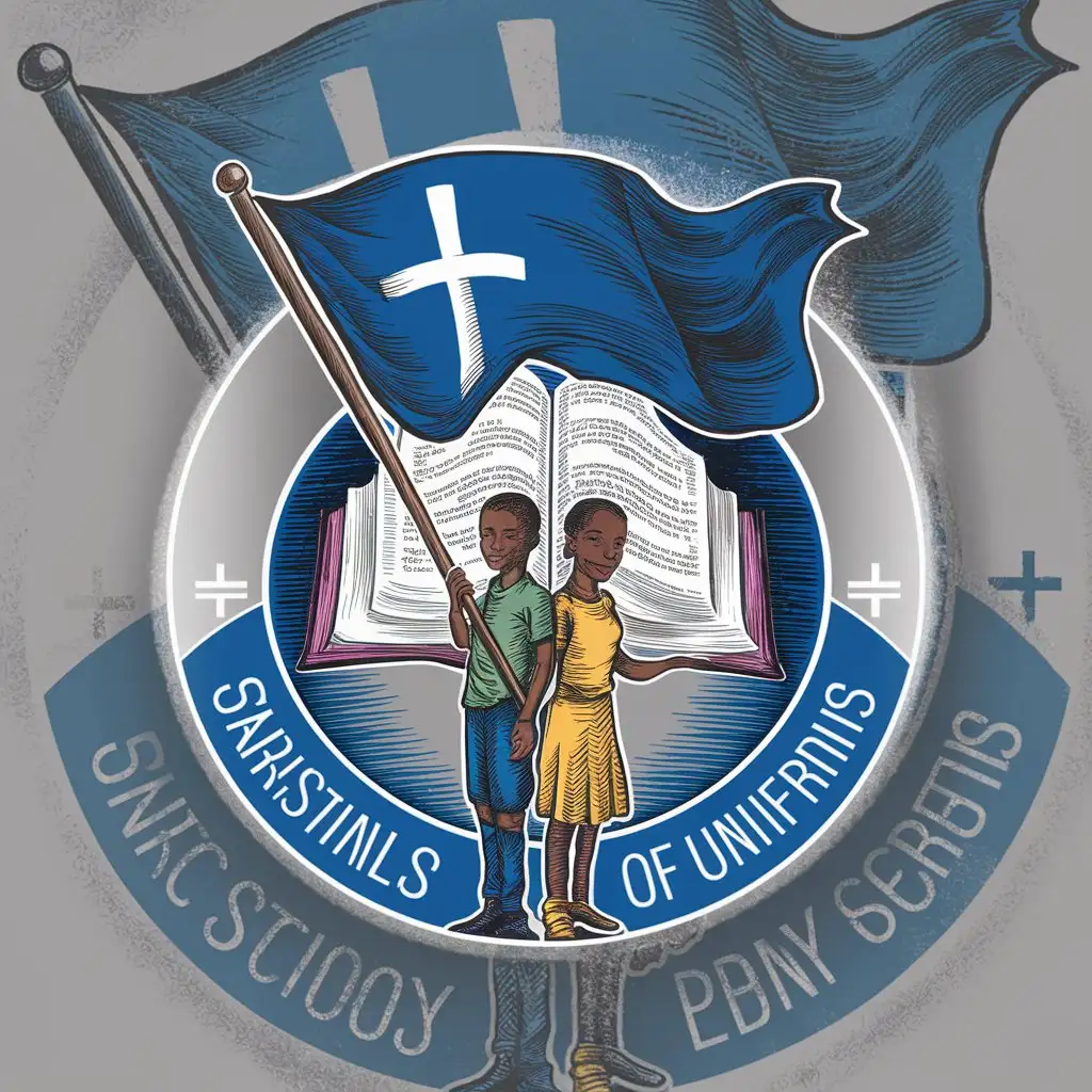 a logo design,with the original text 'ELC Wampar Seket Yut', main symbol:Create a logo featuring a * single big bible* at background * blue flag* * symbol of 2 african youth (boy and girl)* holding the flag. The flag should prominently display the Christian long cross symbol across the flag. The overall design should be balanced and harmonious, with a circular frame representing unity and continuation. Use blue color.