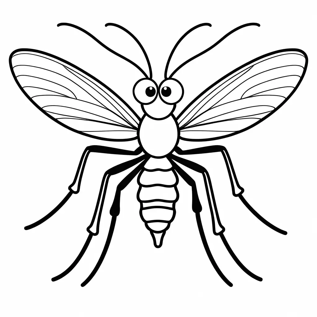  Coloring image of a friendly and adorable mosquito for children, with white background and simple likely cartoon design. Coloring Page, black and white, line art, white background, Simplicity, Ample White Space. The background of the coloring page is plain white to facilitate young children to color within the lines. The outlines of all the subjects are easy to distinguish, making it easy for kids to color without too much difficulty.