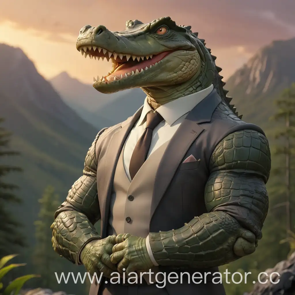 Мускулистый крокодил в строгом костюме, руки перекрещены на груди. На заднем плане горы, леса, закат солнца