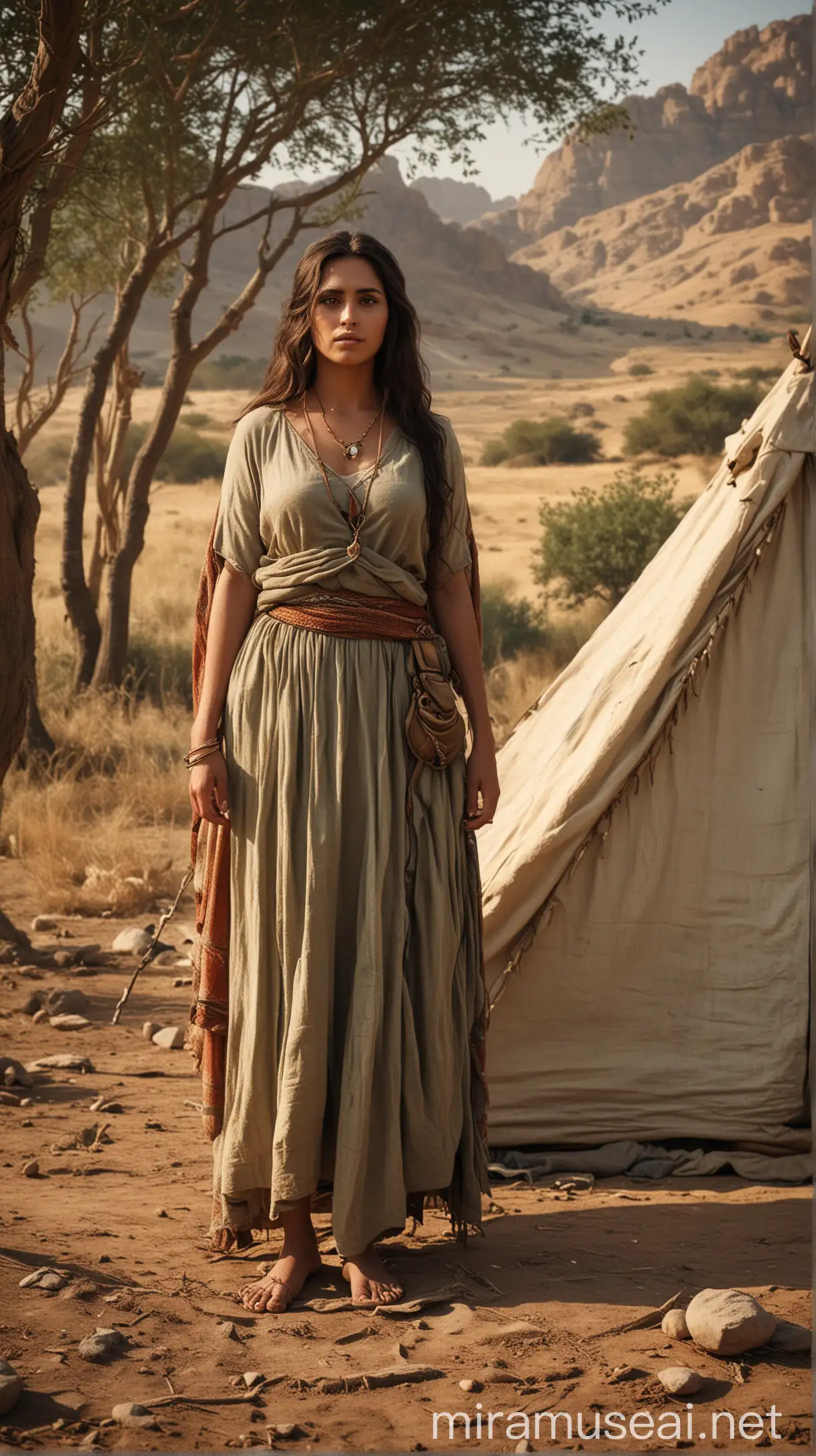 Create an image of Jael, a woman with a strong and calm demeanor, living in the 12th century BC. She is depicted with her husband, Heber, near their tent in a peaceful landscape close to Kedesh. The background should show a serene environment with hints of the surrounding ancient wilderness."In ancient world 