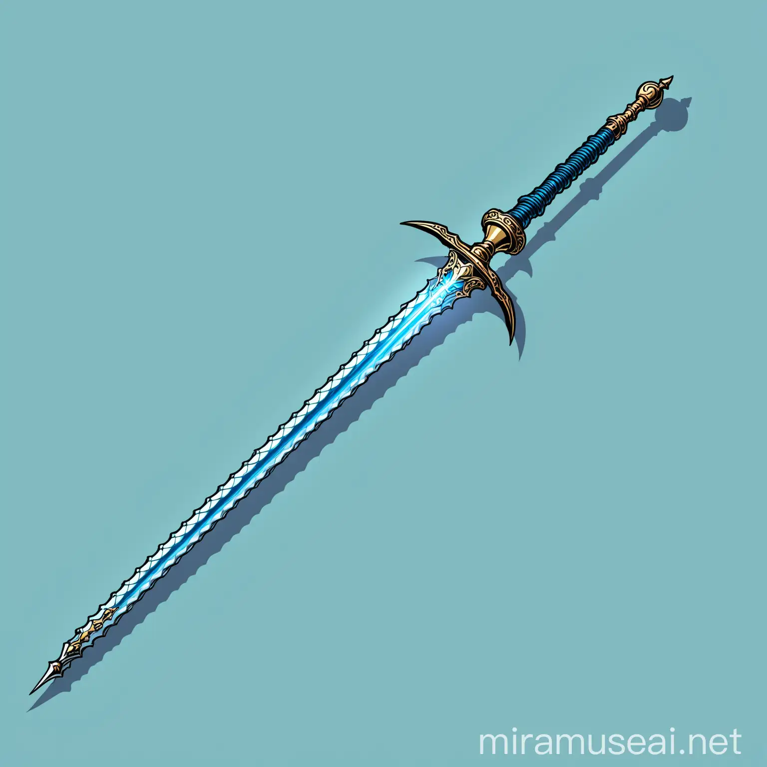 fantasy blue rapier, magic rapier, cartoon weapon, white background, short hilt, thin blade