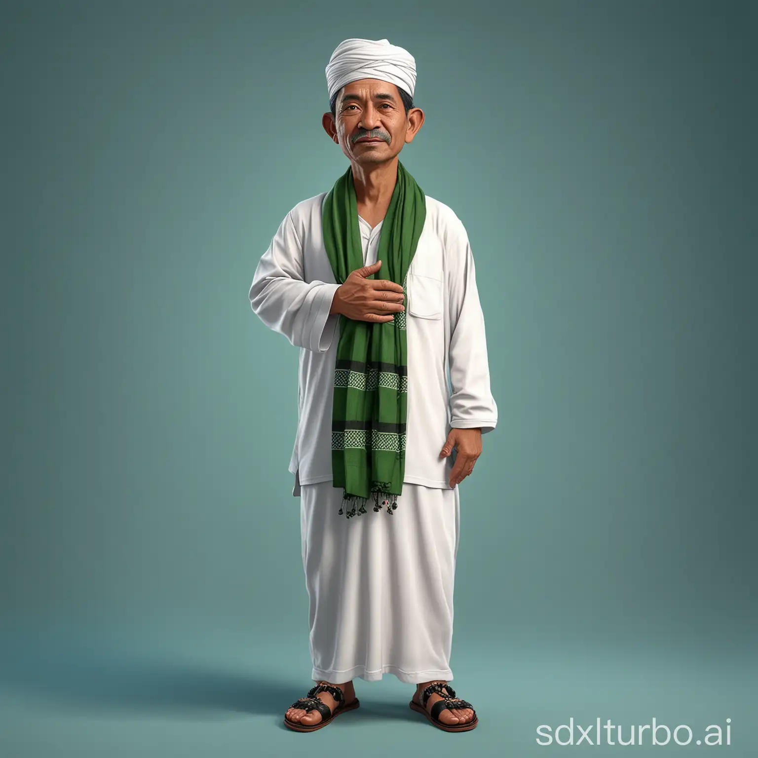 Realistic caricature of a 50 year old Indonesian man, very clean face, wearing white Muslim clothes, wearing a black peci, green checkered sarong, wearing sandals, hands carrying prayer beads, blue background, the image display is very detailed, elegant, very high resolution
