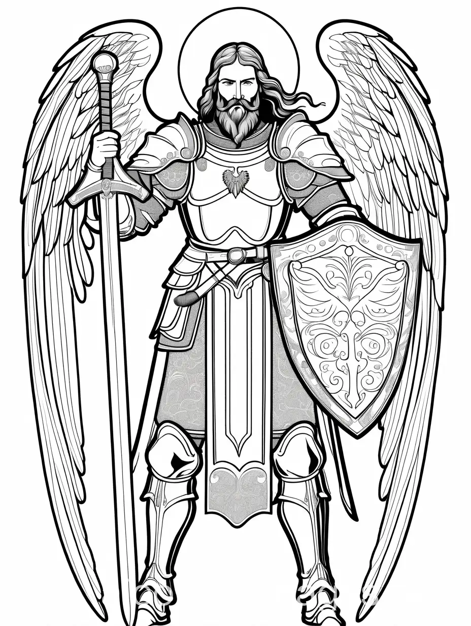 Archangel Michael, dressed in late Medieval armor. He has a long beard and mustache. In his right hand is a longsword., Coloring Page, black and white, line art, white background, Simplicity, Ample White Space.