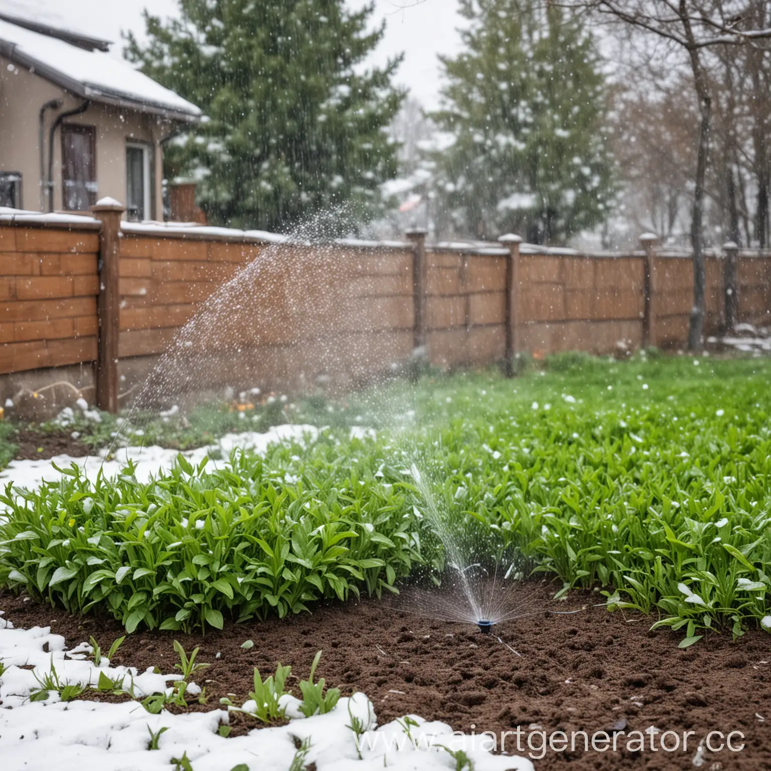 Serene-Green-Garden-in-May-with-Falling-Snow-and-Automated-Irrigation