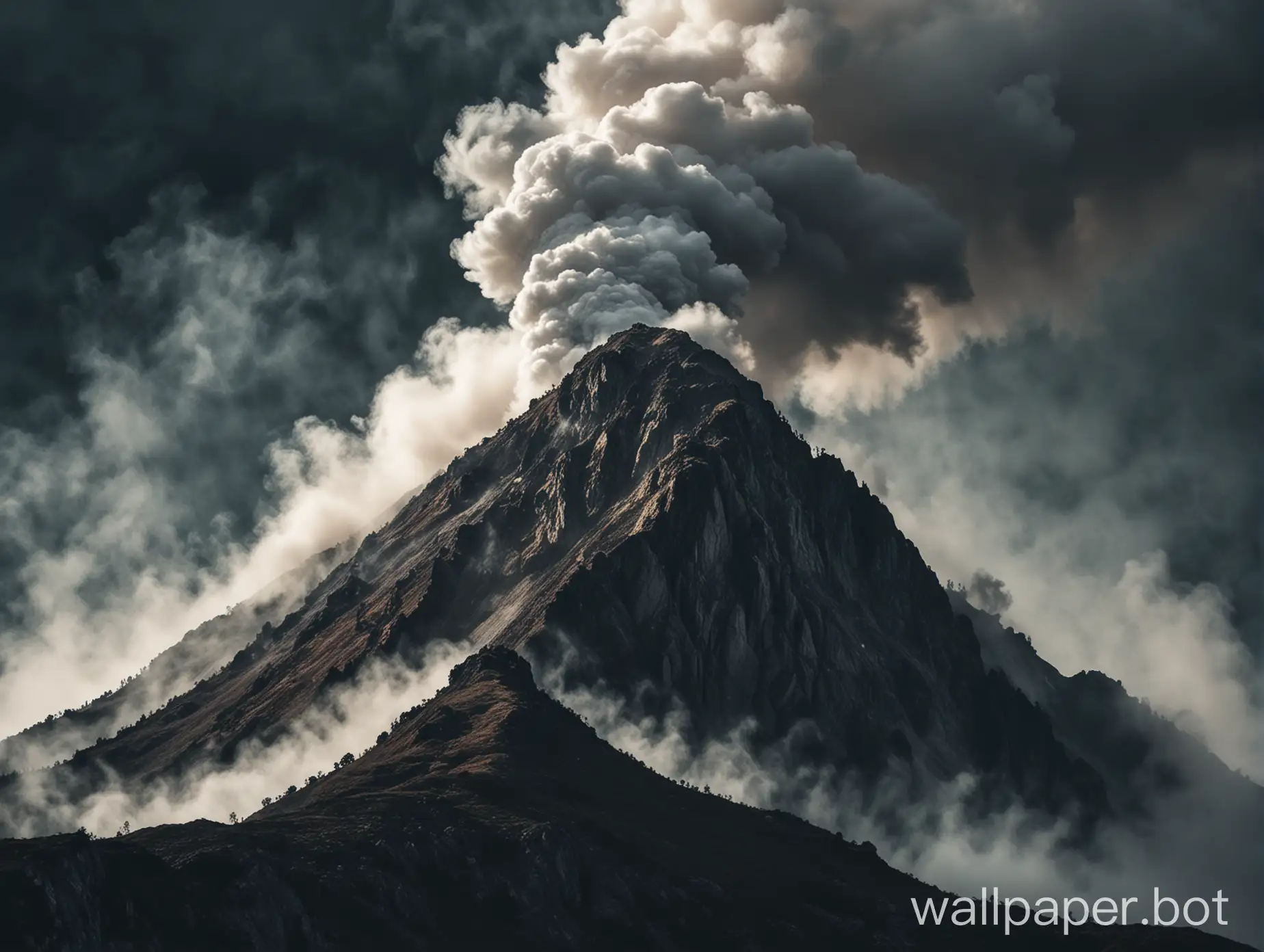 a mountain surrounded by steam in a dark sky