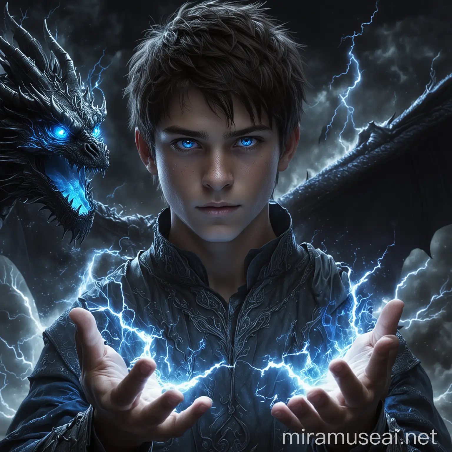 generate a realistic image of a 17-year old boy who is a prince, there is blue lightning coming out of his hands, and behind him there is a black dragon with blue eyes