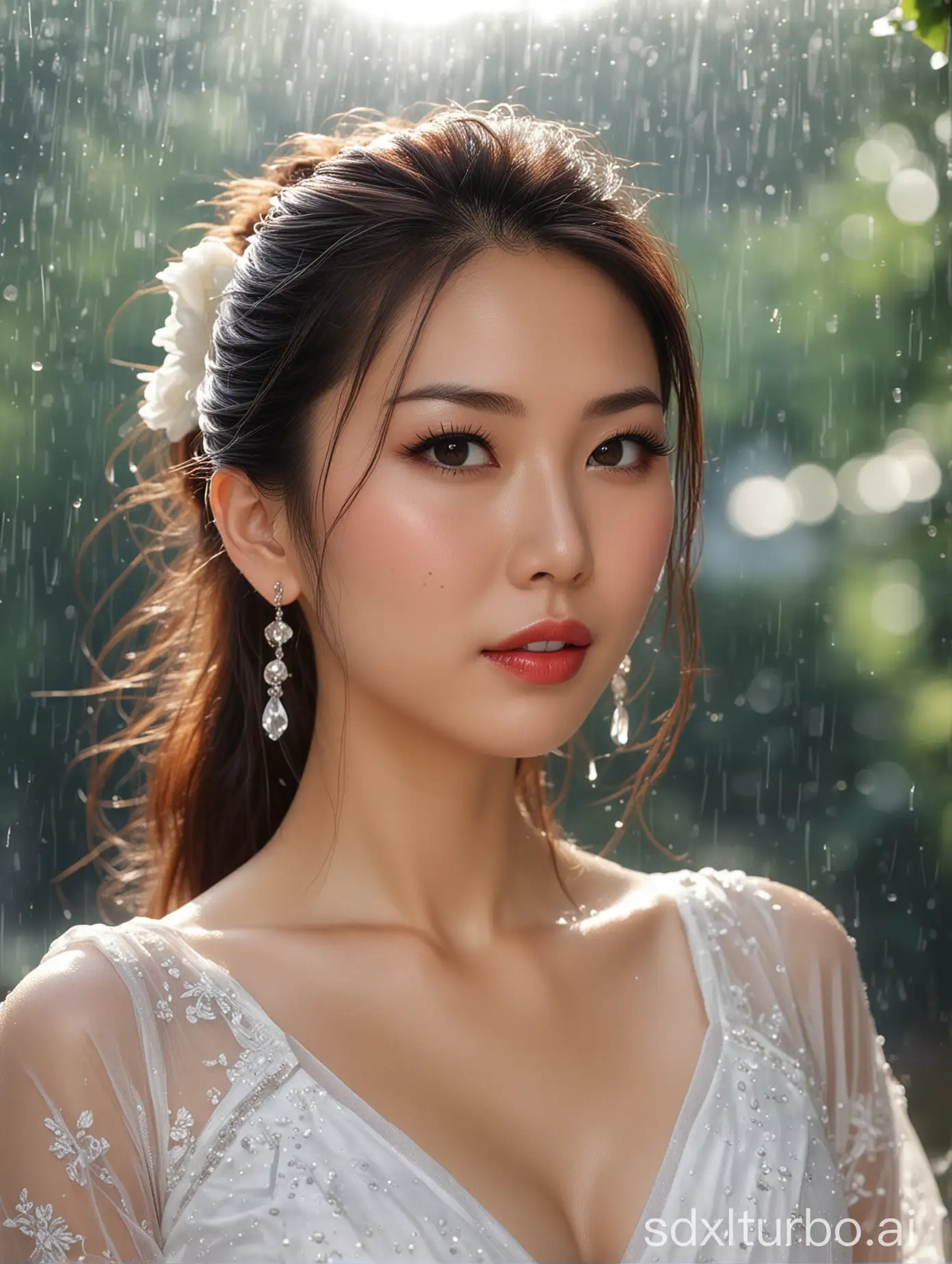 32-year-old Chinese beautiful woman, with a fair complexion, red gem earrings, 173CM tall, weight 75KG, full breasts, voluptuous buttocks, medium-length hair in a slanting ponytail, wearing white sexy wedding dress, barefoot with black high heels, wet hair from the rain, reddened cheeks, professional lighting, bright eyes, masterpiece, high resolution, high quality. Sharp and sensual gaze, blushing face, eyeliner, lashes, film lighting, sunshine, huge buttocks