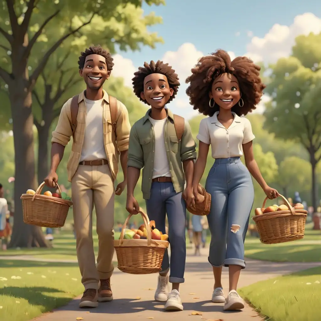 defined 3D Cartoon-style African Americans walking in the park with picnic baskets smiling