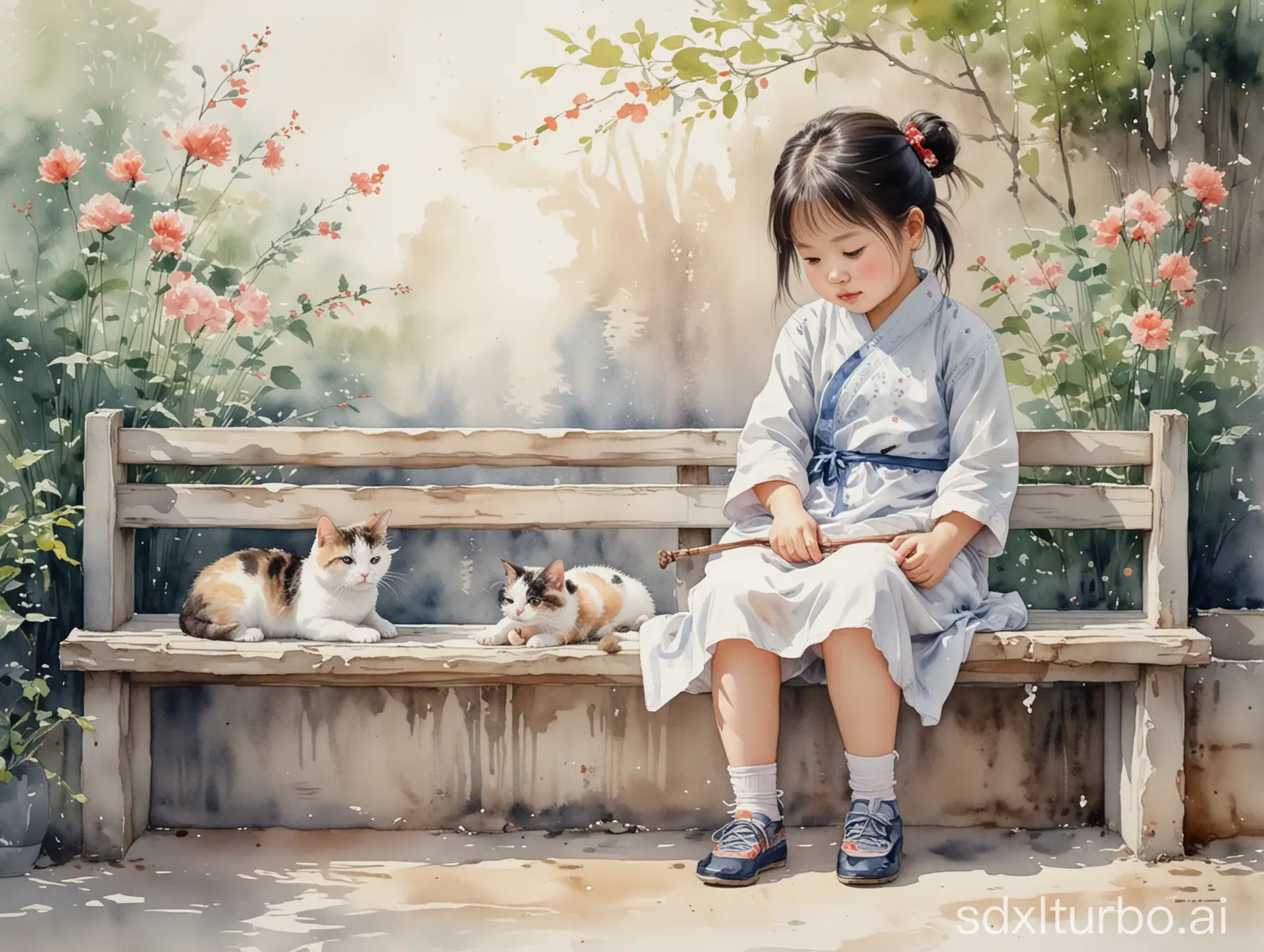 Cute little Chinese girl sitting on a bench with a cat crawling next to her, watercolour, modern classical Chinese style