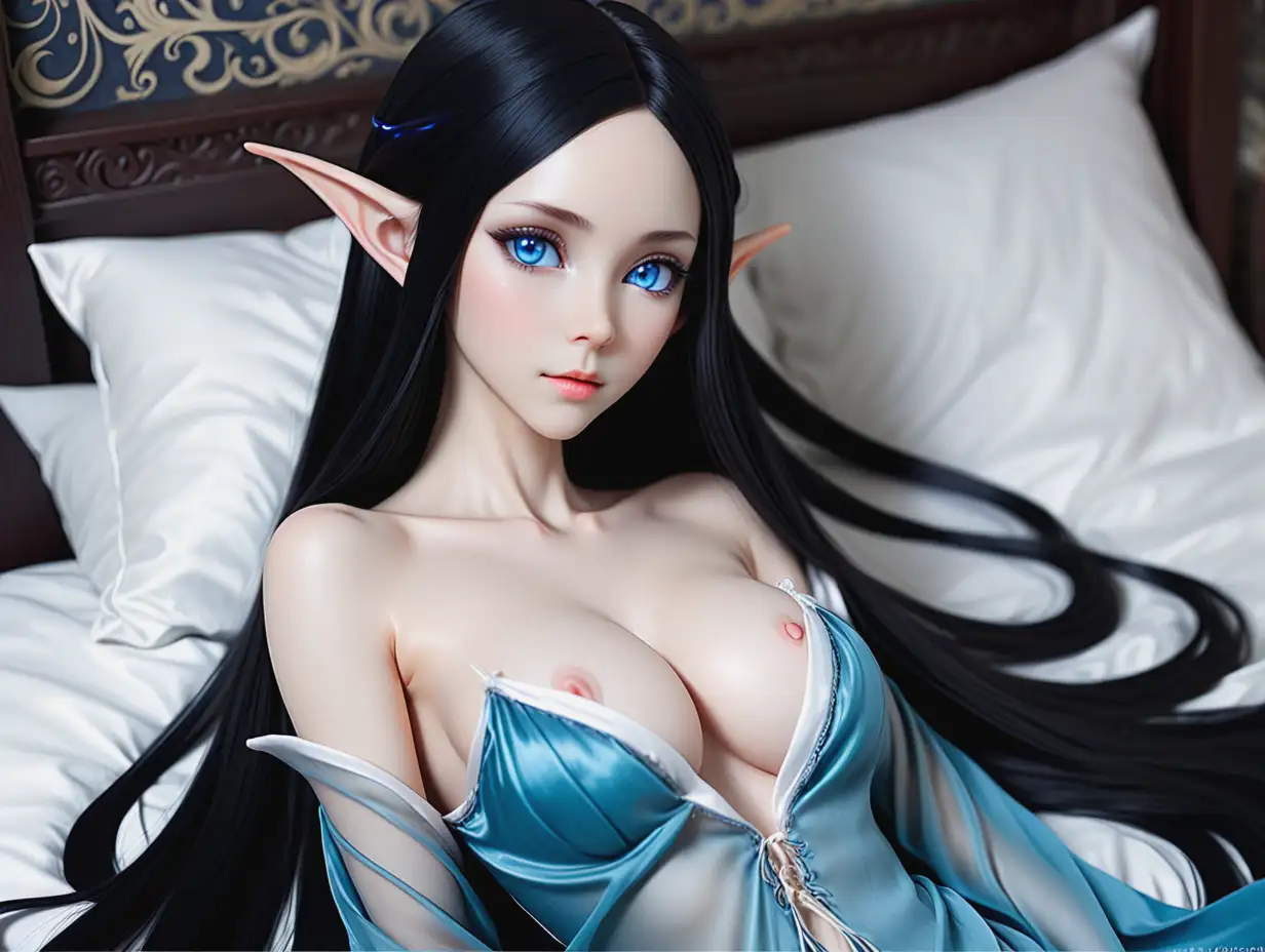 Featuring  a  beautiful Taiwanese elf with very pointy and long ears with long black hair. Going to bed under her silky sheets in her medieval lightly  lighten bed chamber. She wears a black  see through night gown /Taiwanese tall girl long hair Height 5’6” Weight 114 lbs , Breast Size 32a , Waist Size 23 , Hip Size 32 , Body Figure 32-23-32 bright Blue eyes / long elf ears