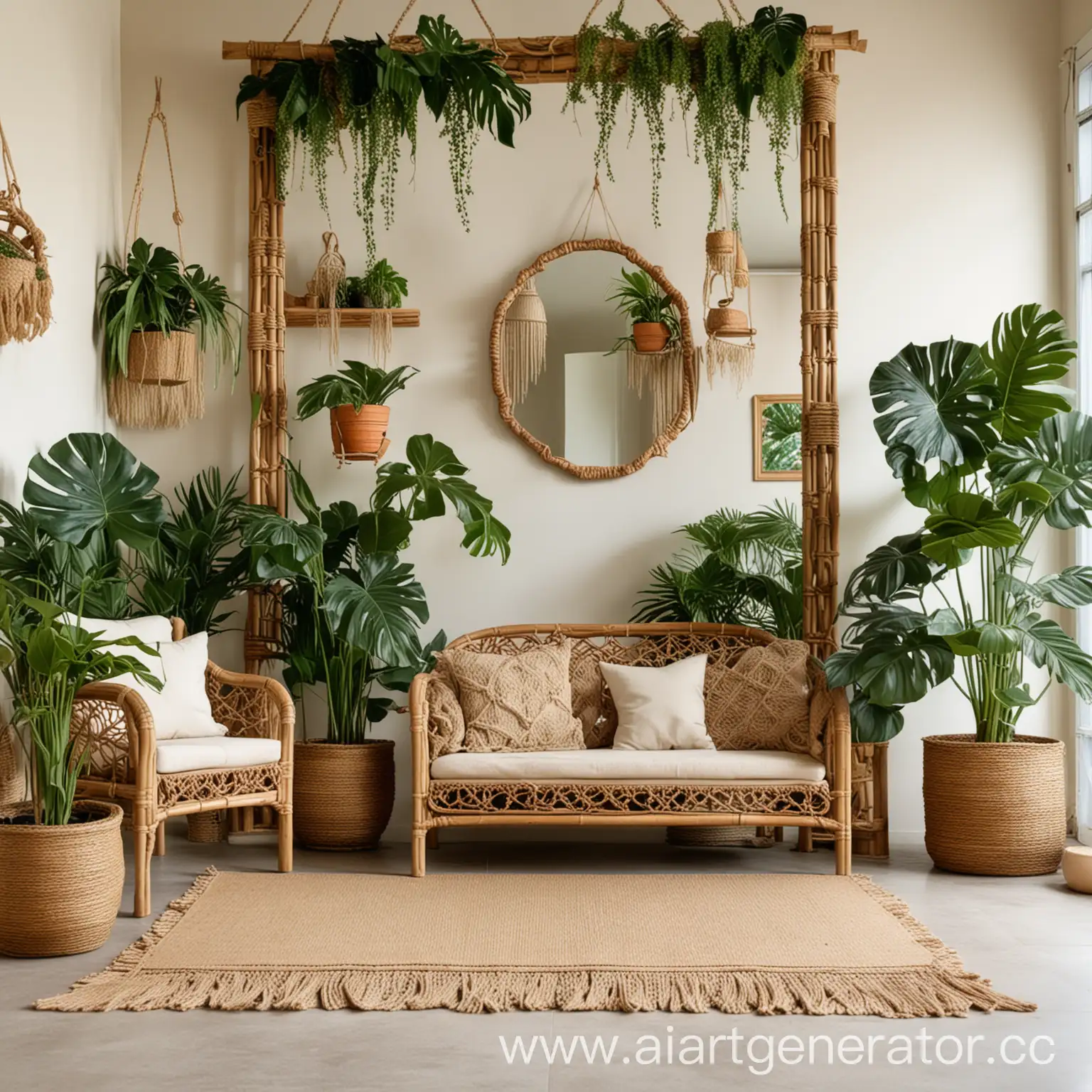 Большая комната с тропическим интерьером на стене зеркало в деревянное раме, плетеная мебель, тканые бежевые коврики, макраме декор, на полу горшок с монстерой, подвесные кашпо с лианами
