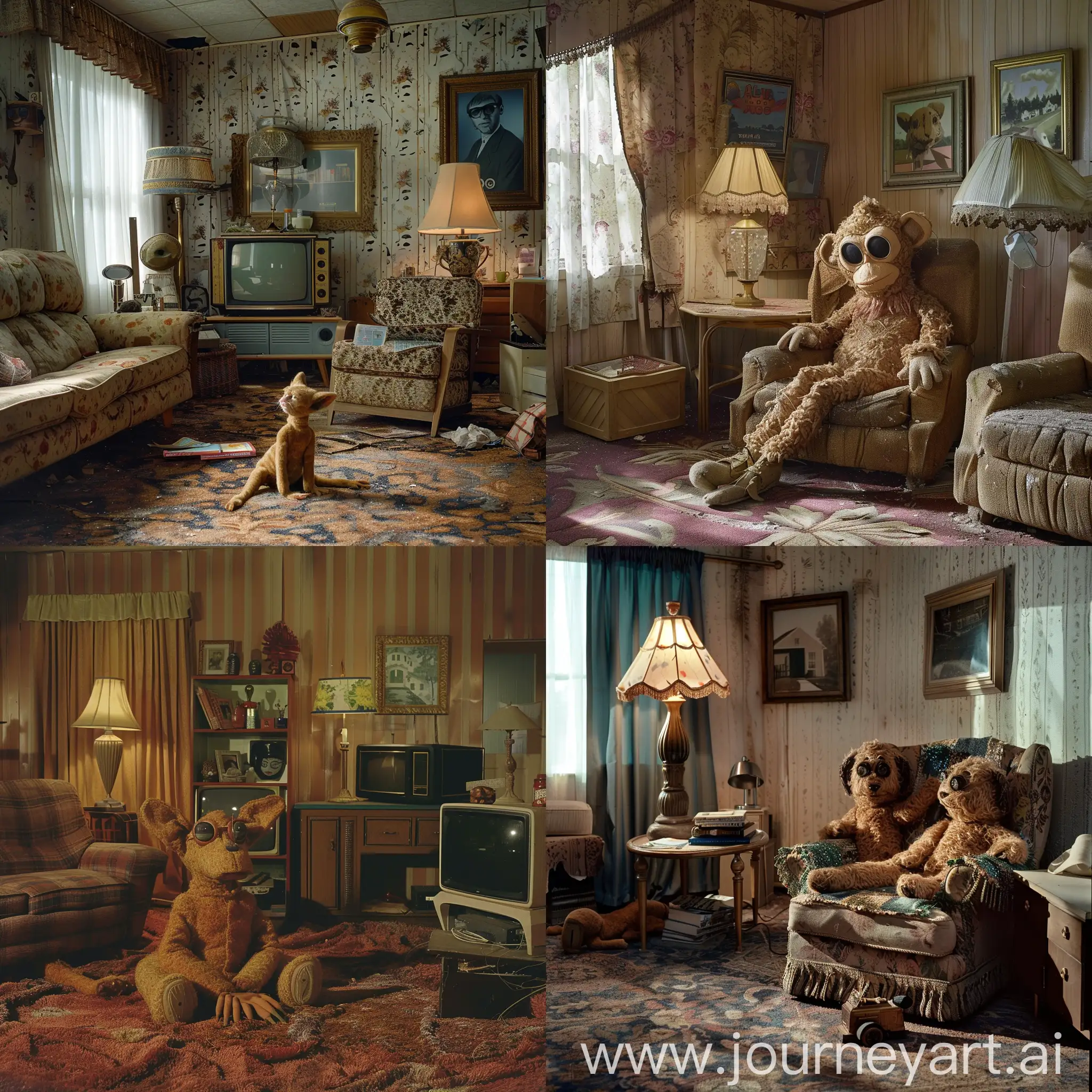 Alf portrait tv show footage in abandoned American mid century suburbia , beautifully lit, intricately detailed 