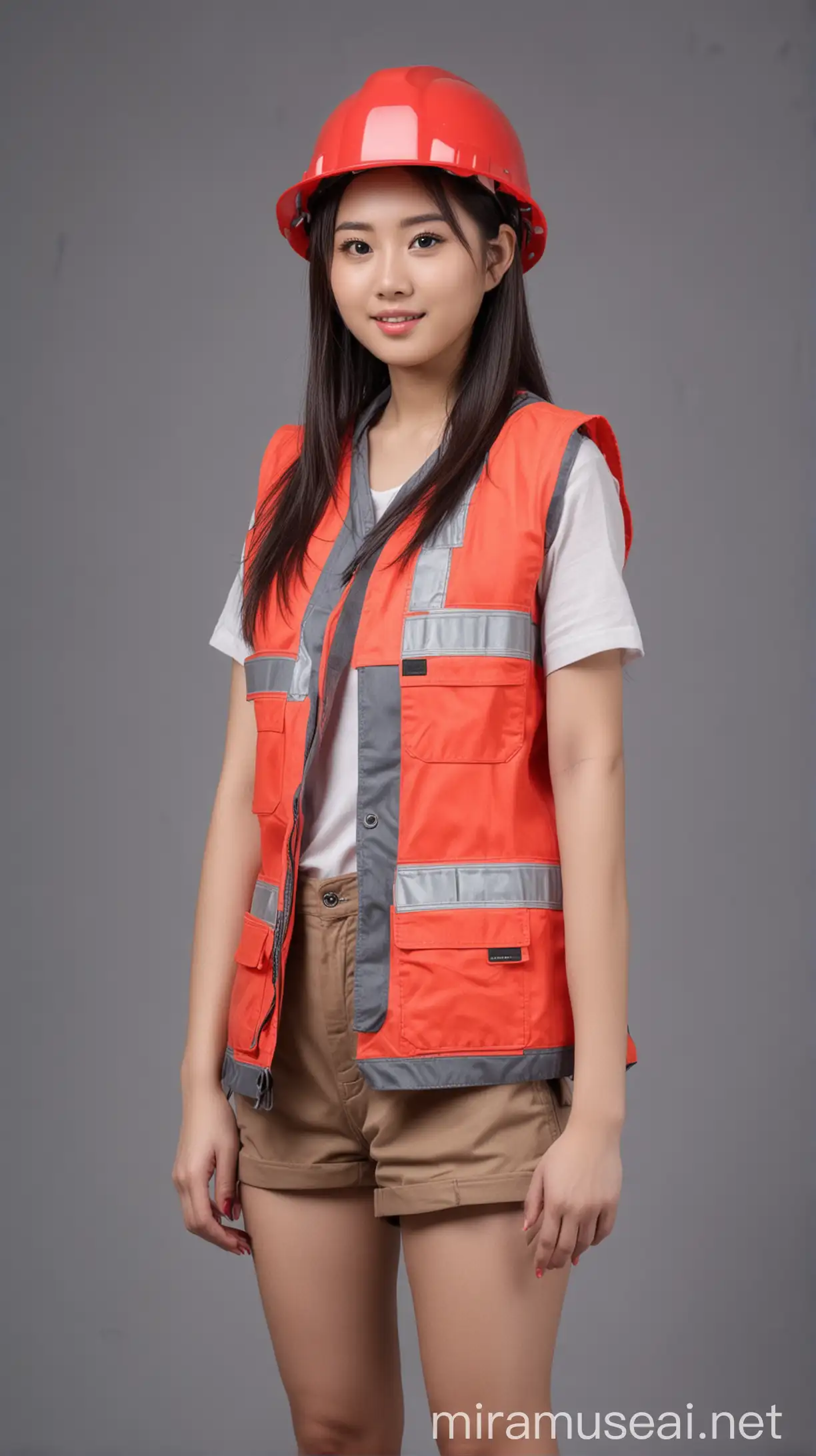 Beautiful Asian Girl Wearing Red Construction Vest Confident Young Woman in Vibrant Work Attire
