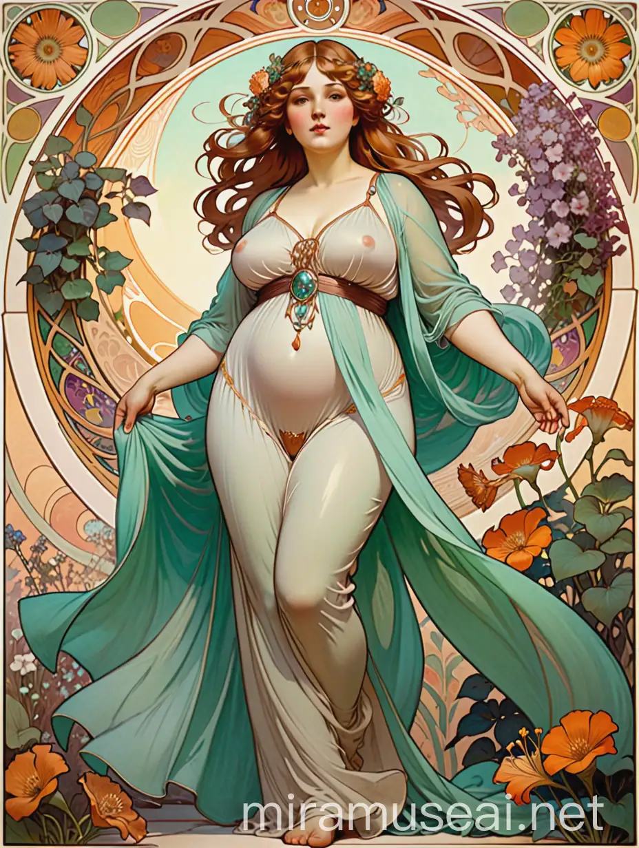 large woman in flowing clothes, surrounded by florals, style of alfons mucha, art nouveau