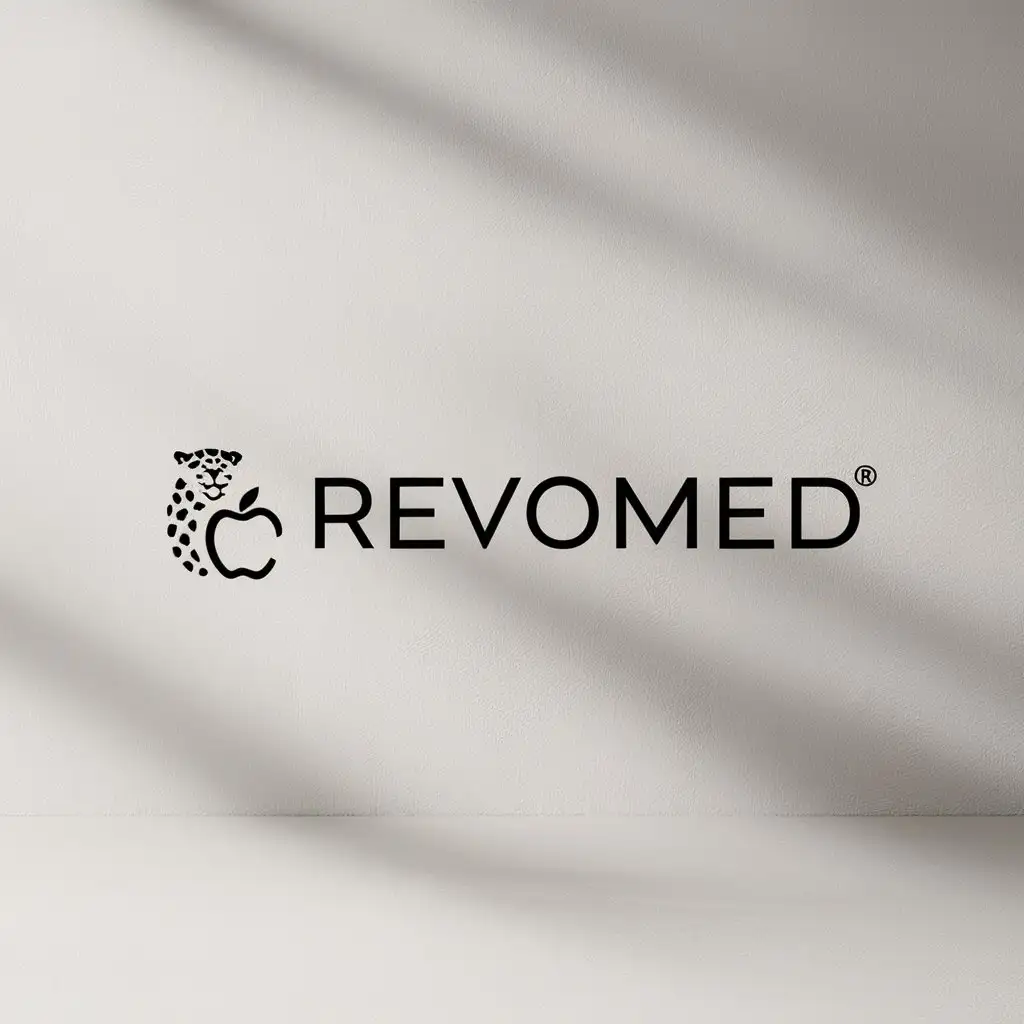 a logo design,with the text "REVOMED", main symbol:snow leopard, apple. plain white background,Minimalistic,clear background