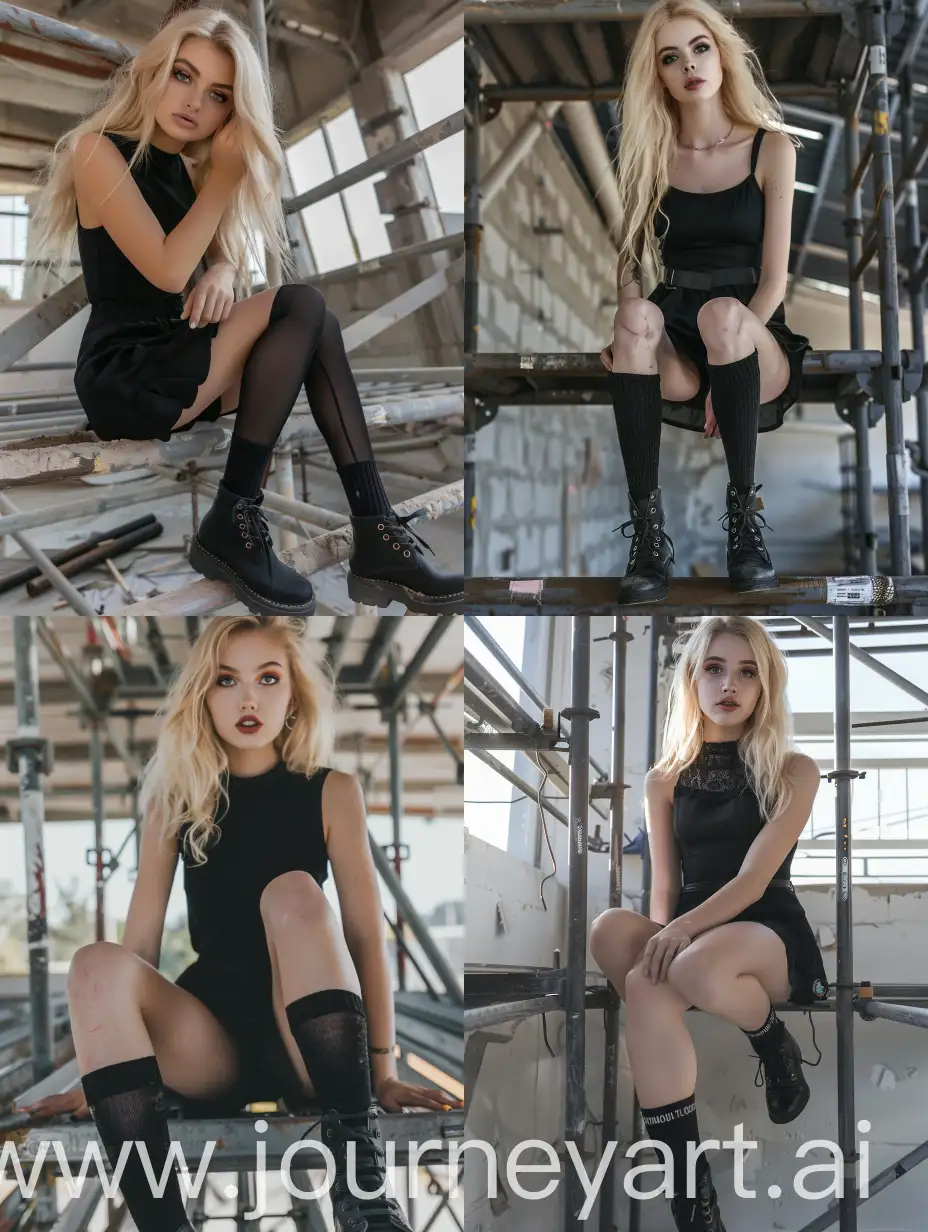 Blonde-Influencer-Woman-in-Black-Dress-Working-on-Steel-Scaffold-Under-Construction