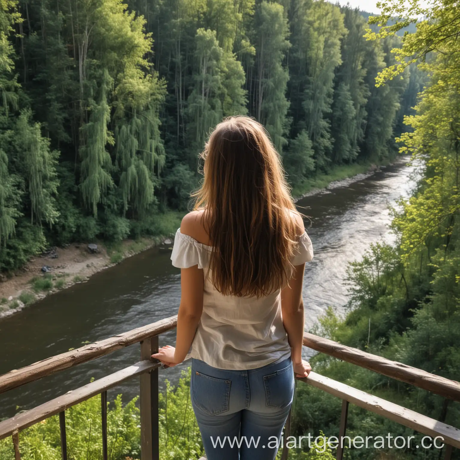 девушка смотрит с балкона на реку и лес