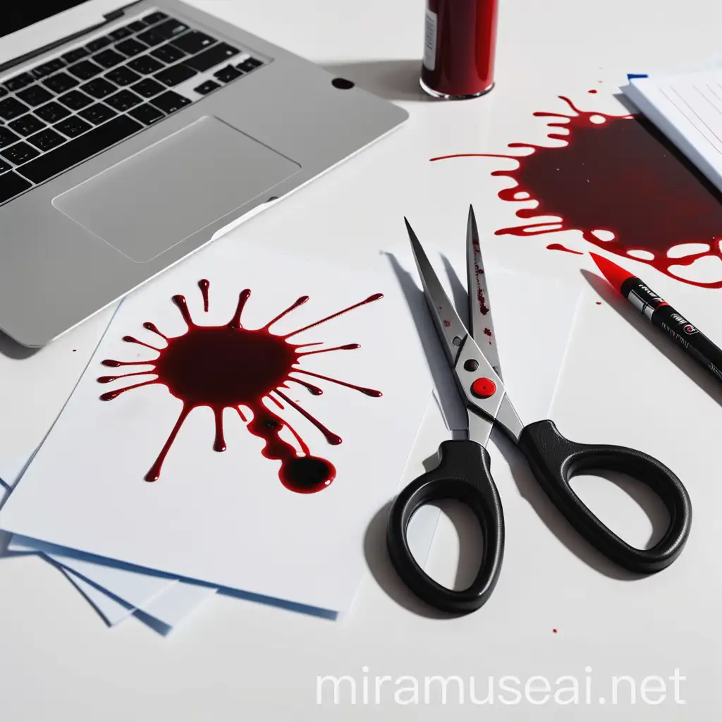 pair of scissors with blood on the edges o top of a white desk table, underneath the scissors is a stack of papers also with blood on. also on the table is marker pens and a laptop
