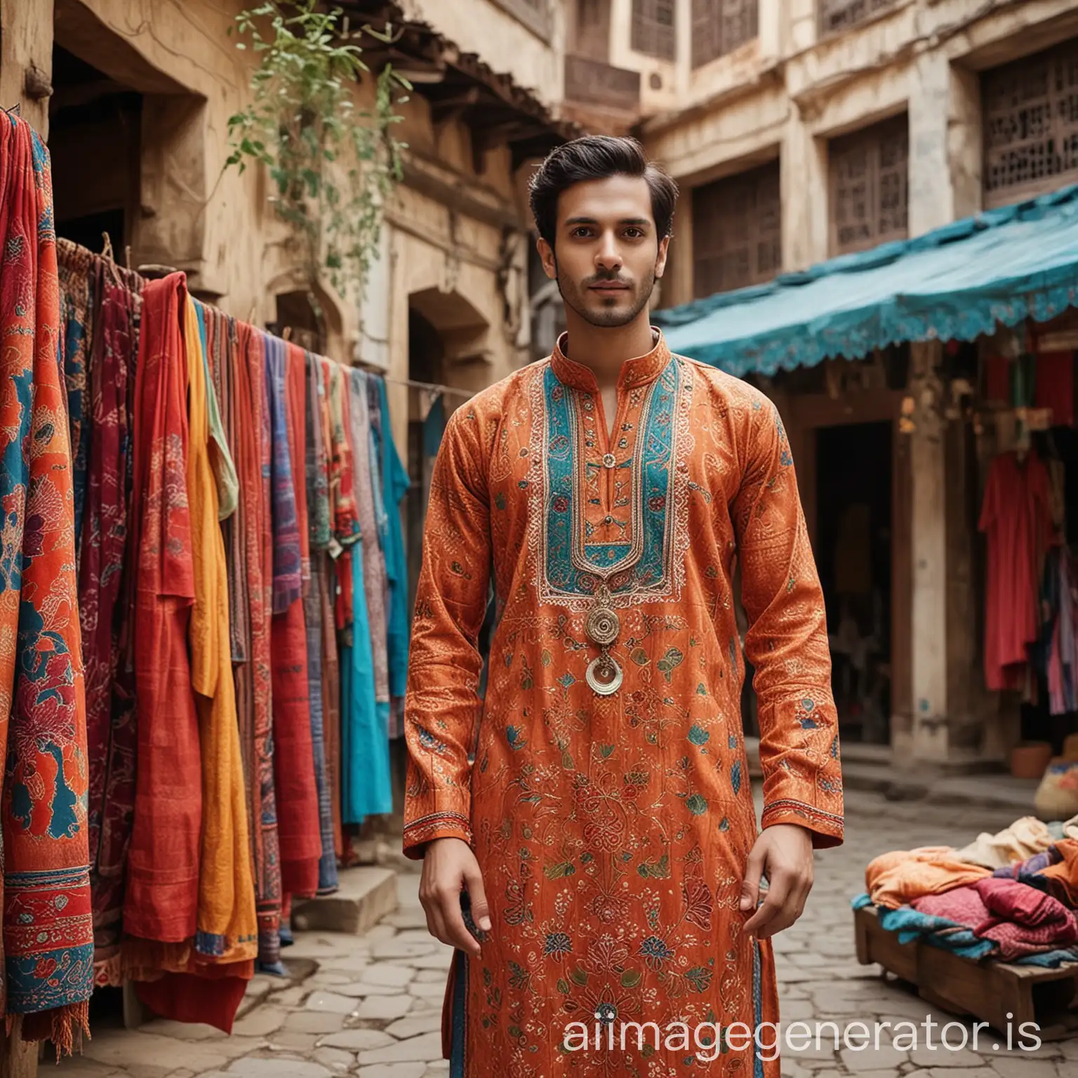 Create an image of a man wearing a traditional kurta from India, adding a touch of cultural flair to his outfit. The kurta is beautifully crafted with intricate patterns and vibrant colors, showcasing the rich textile heritage of India. The man is standing in a picturesque outdoor setting, perhaps in a bustling market or near a historic monument, surrounded by elements that highlight the cultural context, such as colorful fabrics, traditional jewelry, and local architecture. The overall scene exudes a sense of cultural appreciation and global style.