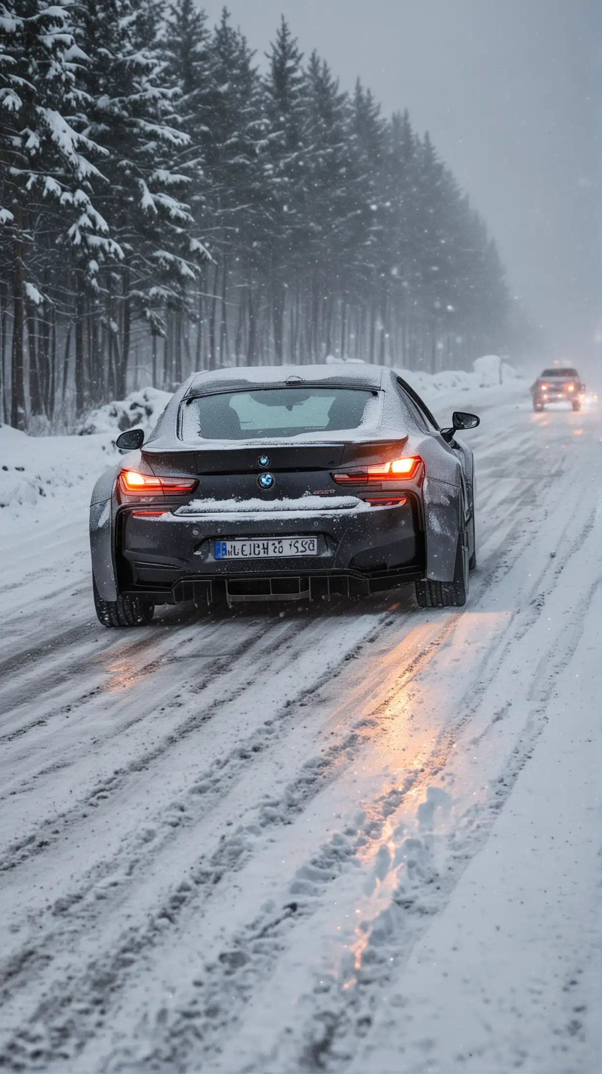 BMW Supercar with Headlights Driving Through Heavy Snow on Winter Road