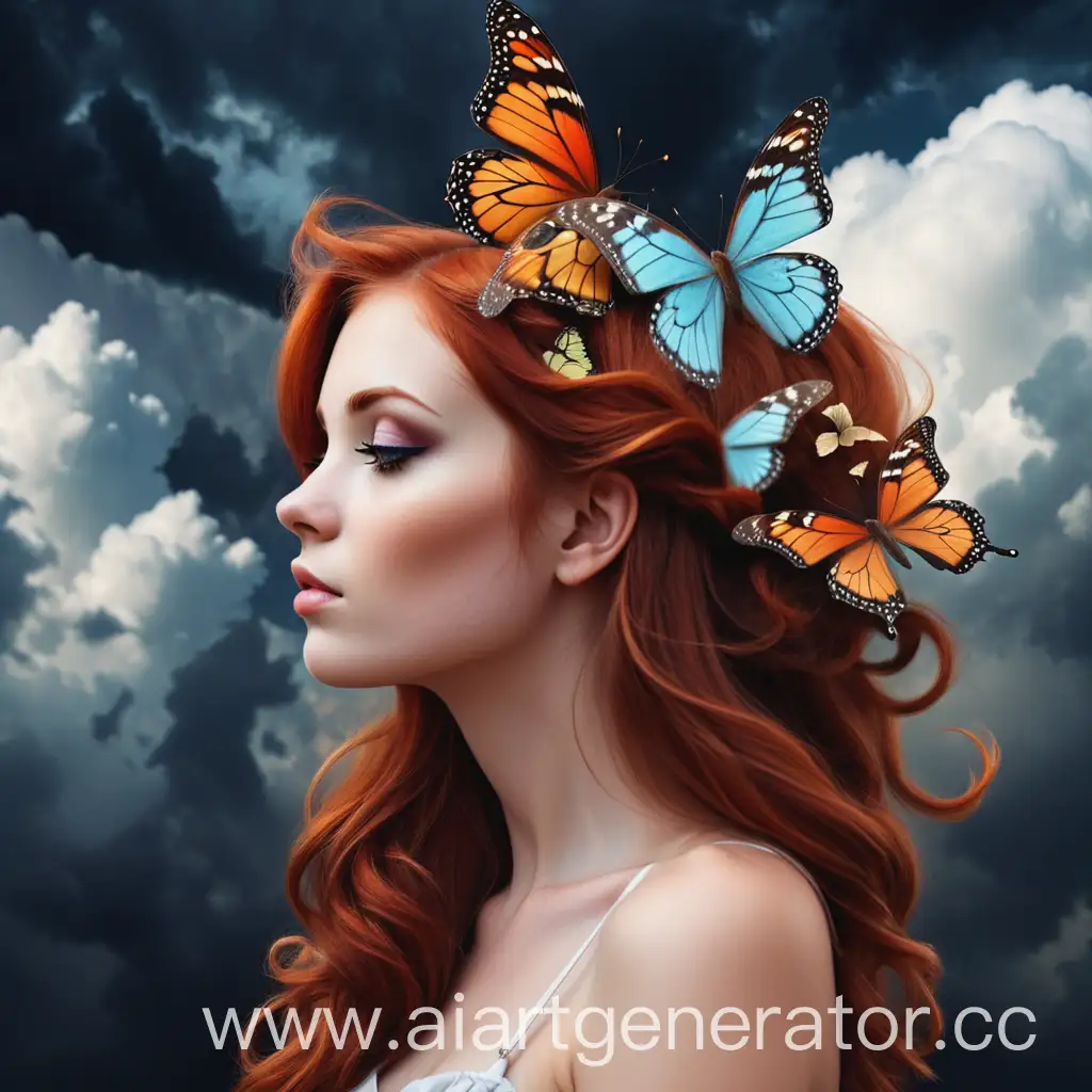 рыжеволосая красивая девушка в профиль с большими бабочками в волосах и на лице, фон темное небо с тучами