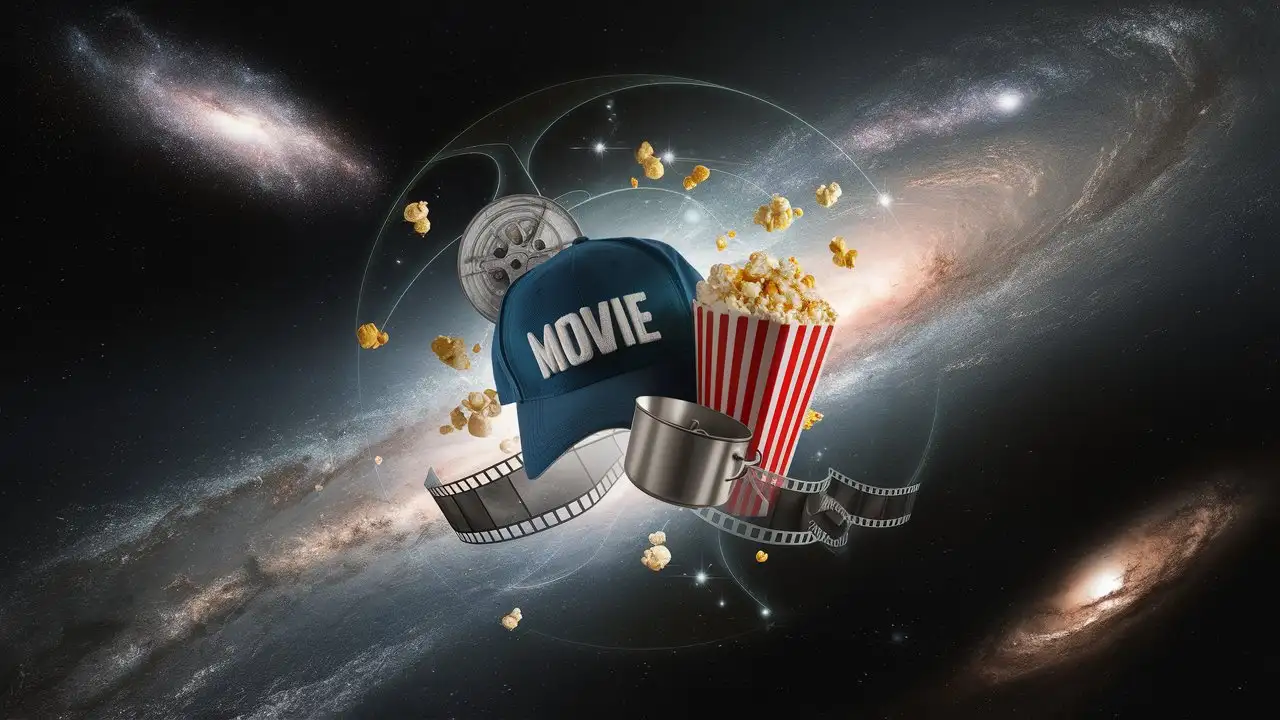 l'espace et des galaxies avec un cap de cinéma, un pot de pop corne et une bobine de cinéma