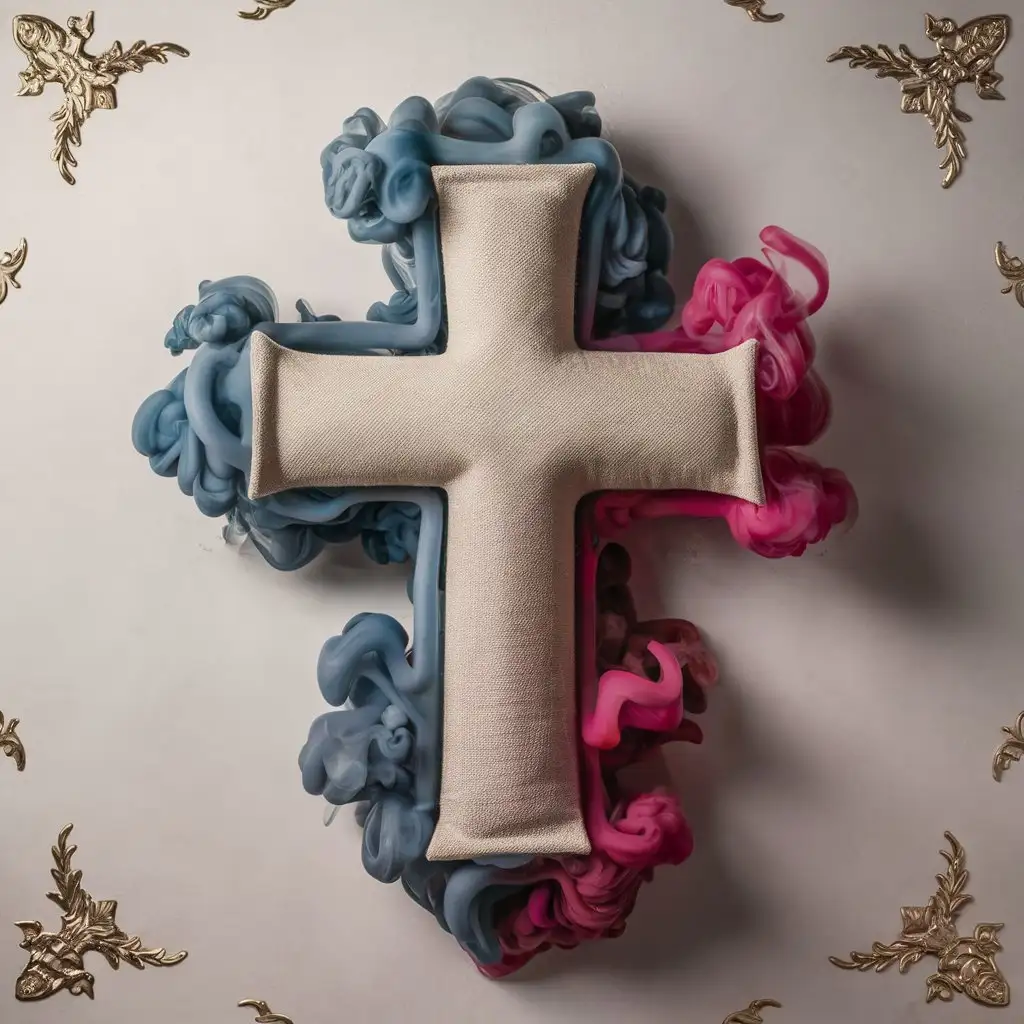 fumes sketch of simple silhouette of simple linen cross made of grey blue and magenta smoke on a patina white background, fine details, luxurious elegance, shot with Fujifilm X-T4 and 56mm f/1.2 lens.
