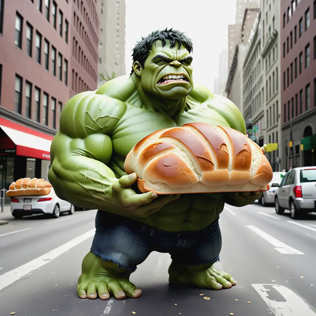 Adorable Hulk Enjoying Bread in Urban Cityscape
