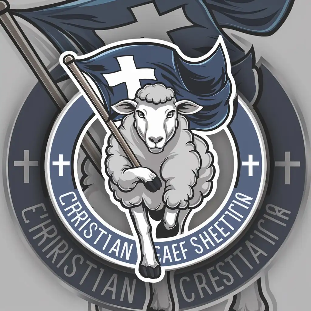  Logo design: A sheep carrying a dark blue Christian flag symbolizing determination and strength. The flag should prominently display a Christian cross. The overall design should be harmonious and balanced with a circular frame, representing unity and continuity. White background. Colors used: light blue and dark blue.