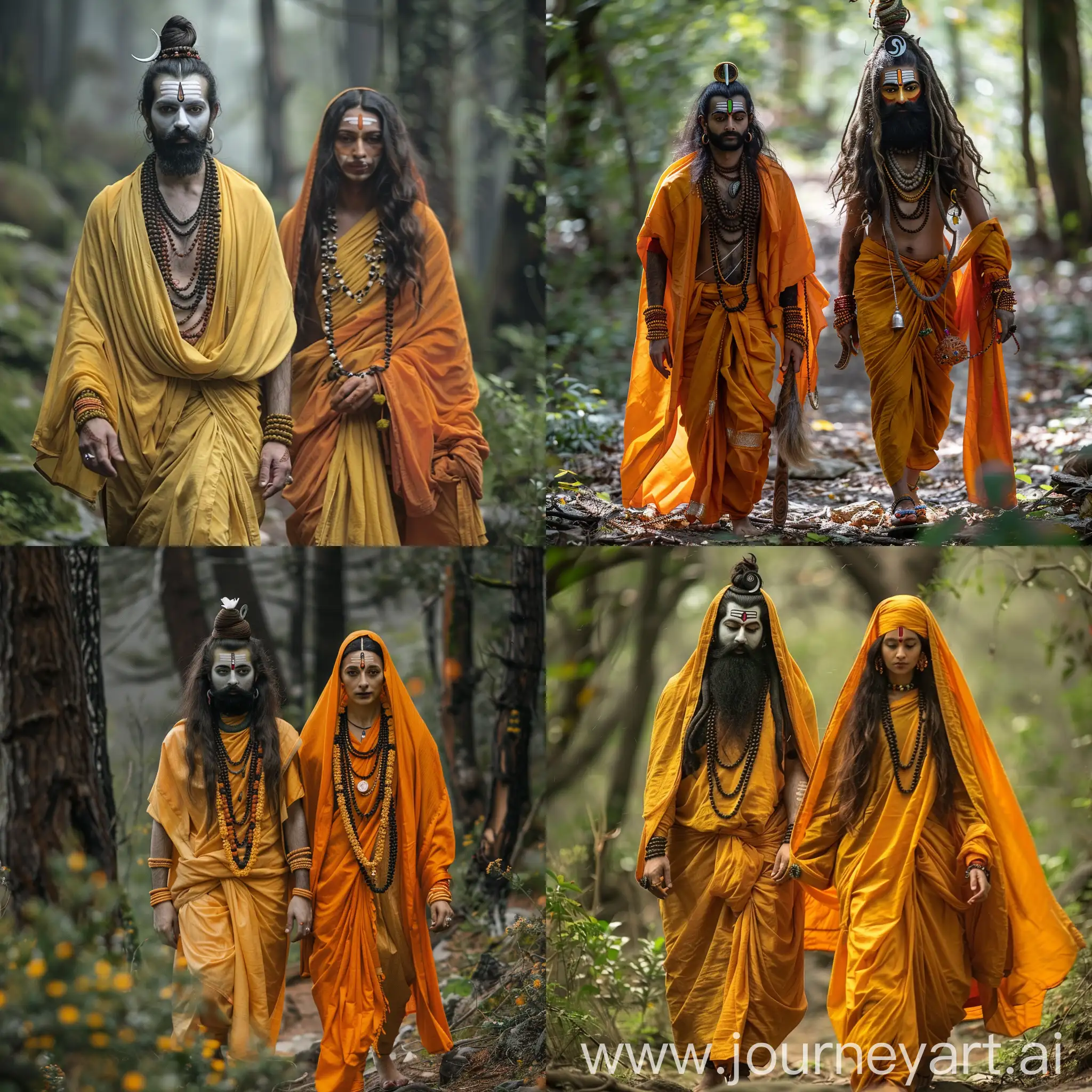 Lord Shiva snd parvati dressed like monks with zaffron clothes. They walk in the forest