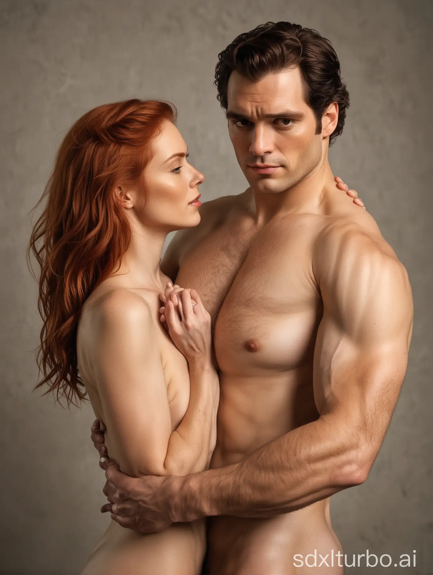 Male Henry Cavill in an embrace with nude redhair woman posing standing in studio