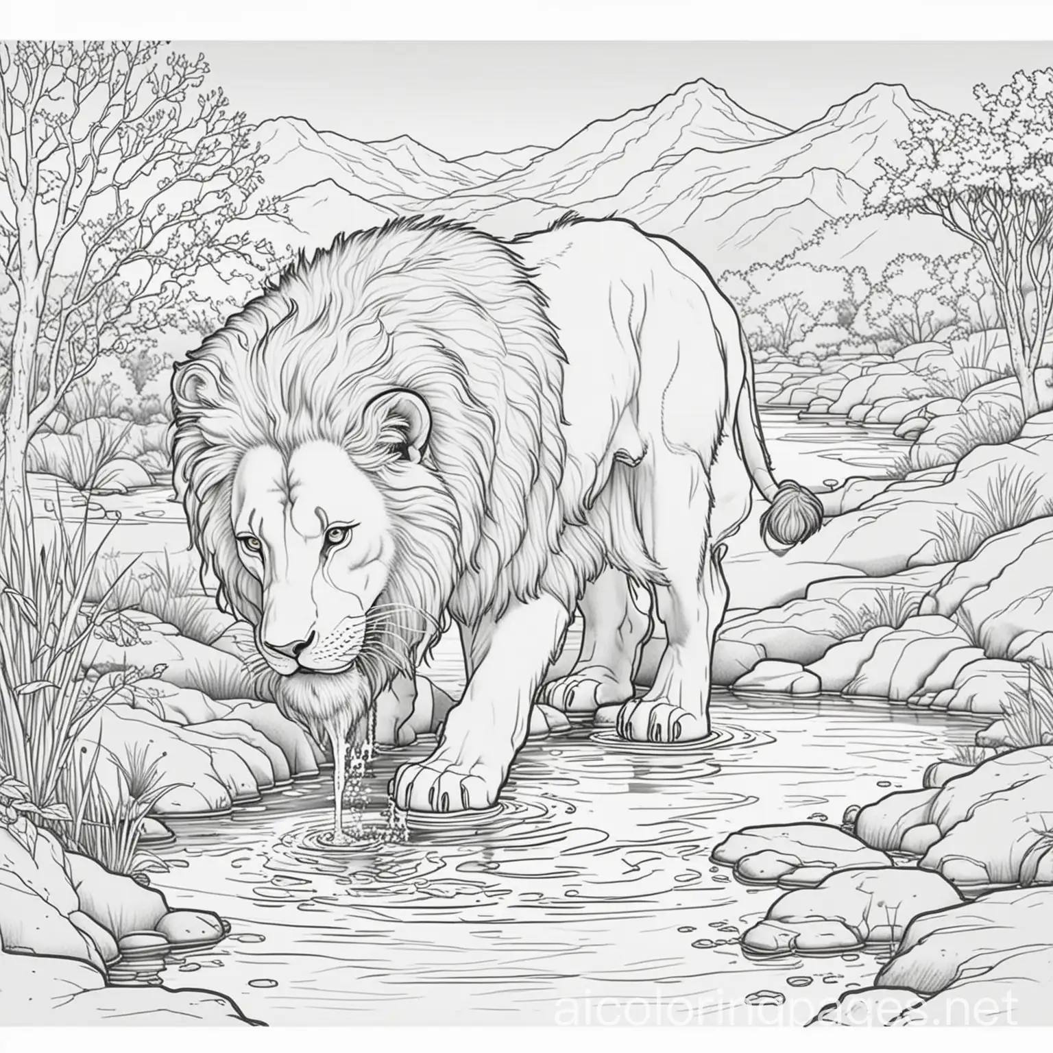 lion drinking water from river outline, cartoon, coloring book page,, Coloring Page, black and white, line art, white background, Simplicity, Ample White Space. The background of the coloring page is plain white to make it easy for young children to color within the lines. The outlines of all the subjects are easy to distinguish, making it simple for kids to color without too much difficulty