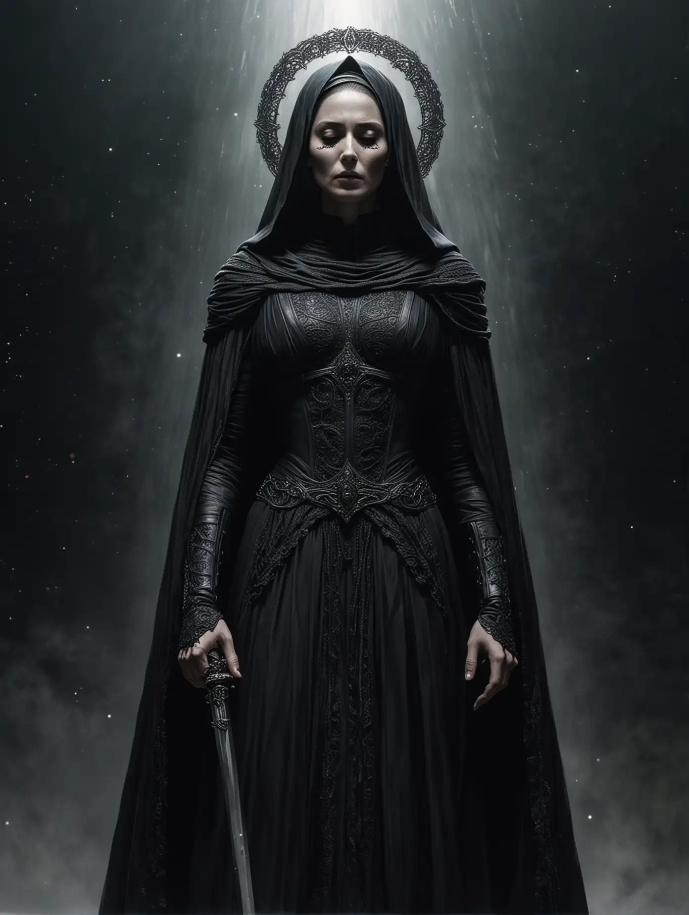 Sister-of-Gesserit-in-Space-with-Glowing-Halo-Crown-and-Black-Sword
