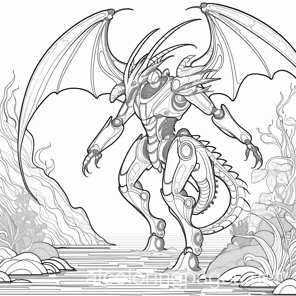 robot with dragon wings underwater, Coloring Page, black and white, line art, white background, Simplicity, Ample White Space. The background of the coloring page is plain white to make it easy for young children to color within the lines. The outlines of all the subjects are easy to distinguish, making it simple for kids to color without too much difficulty