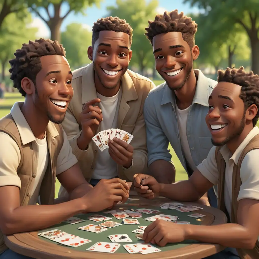 defined 3D cartoon-style African American men playing cards in the park smiling  
