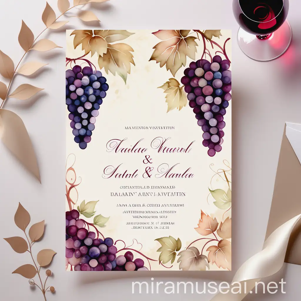 Delicate Watercolor Vineyard Wedding Invitation in Beige Tones