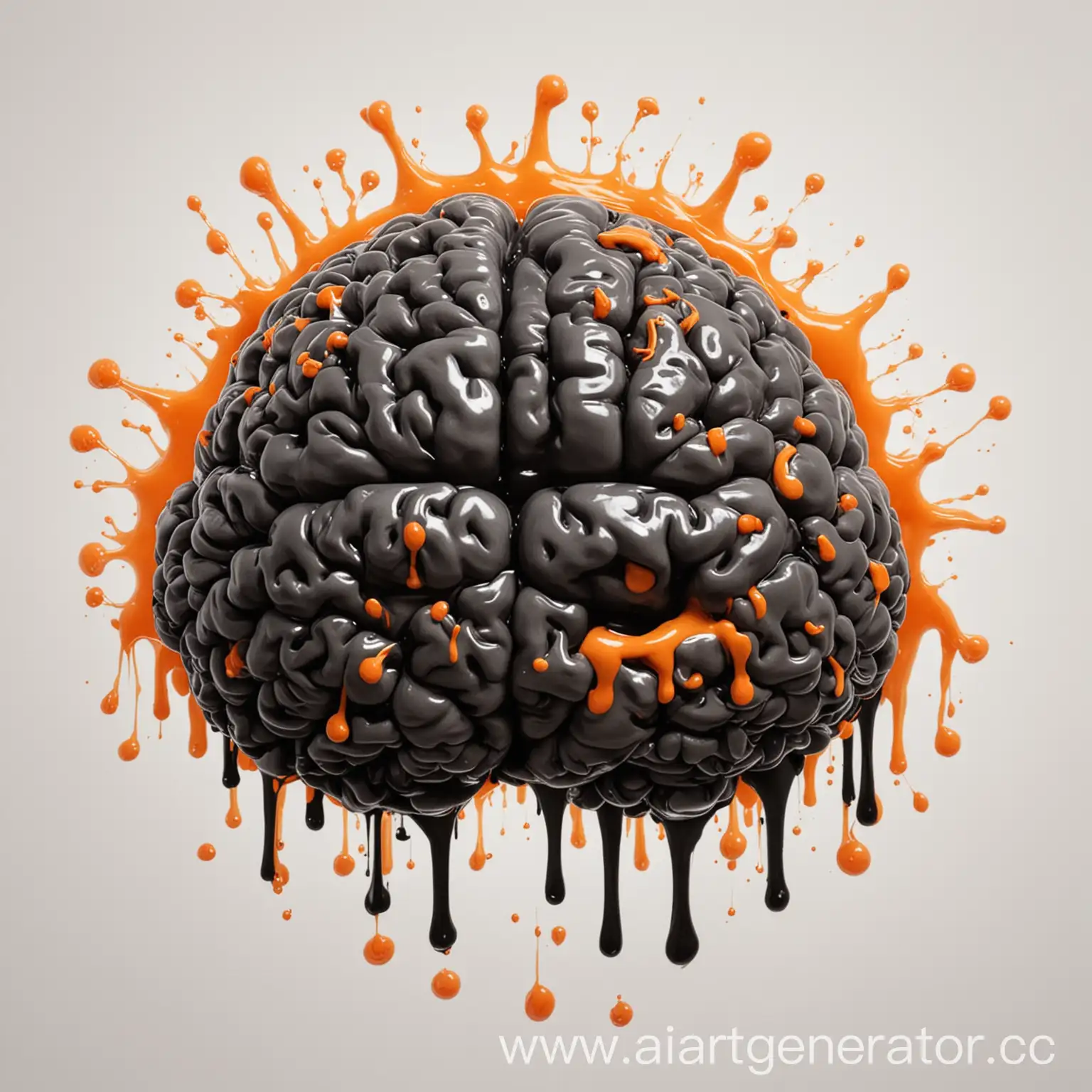 Abstract-Black-Brain-with-Exuding-Orange-Slime-on-White-Background