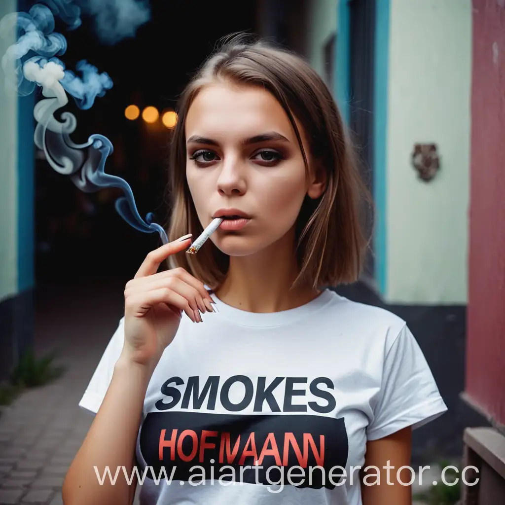 Young-Woman-in-TShirt-with-Dine-Hffmnn-Inscription-Smoking-Cigarette