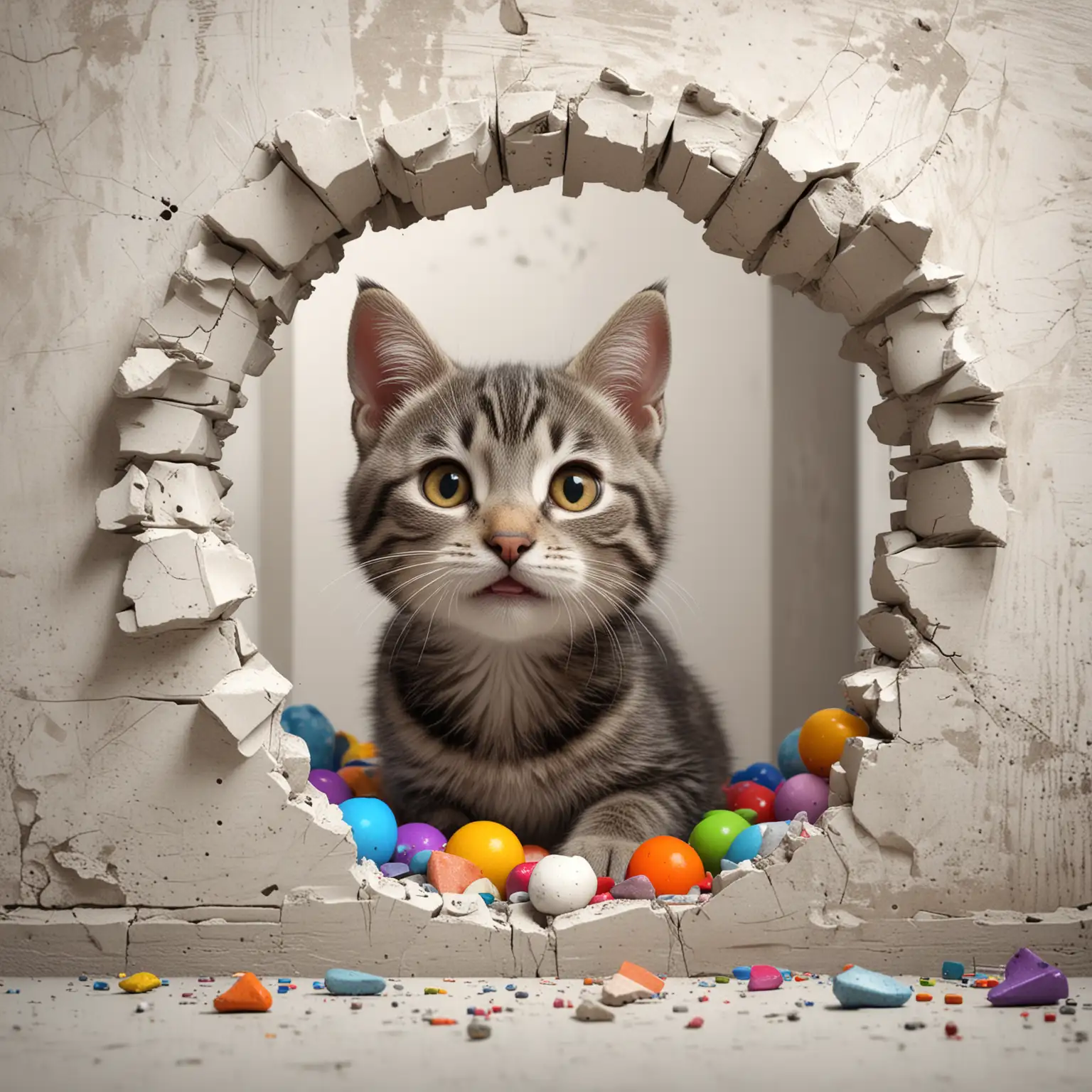 A whimsical 3D render of a playful happy smiling gray tabby kitty peeking out of a hole in a cracked white ceramic wall. The kitten is surrounded by an assortment of colorful cat toys, adding a cheerful atmosphere. The cracked wall adds a sense of character and story, while the overall composition creates a delightful and conceptual art piece., conceptual art, 3d render