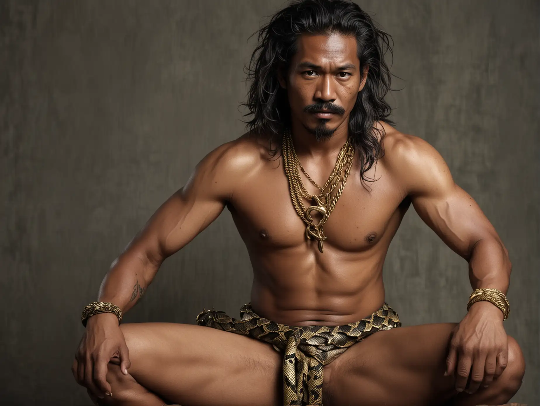 Muscular Indonesian Man with Gold Necklaces and Angry Face Poses with  Python | AI Image Generator